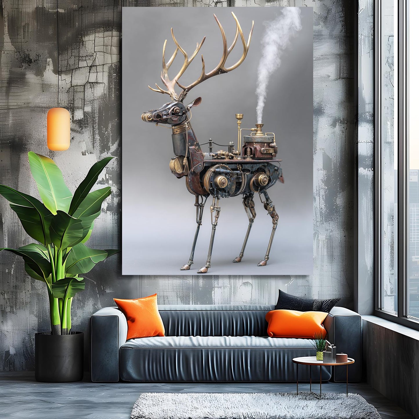 Boiler Steam Stag Steampunk Art – styled in a furnished interior