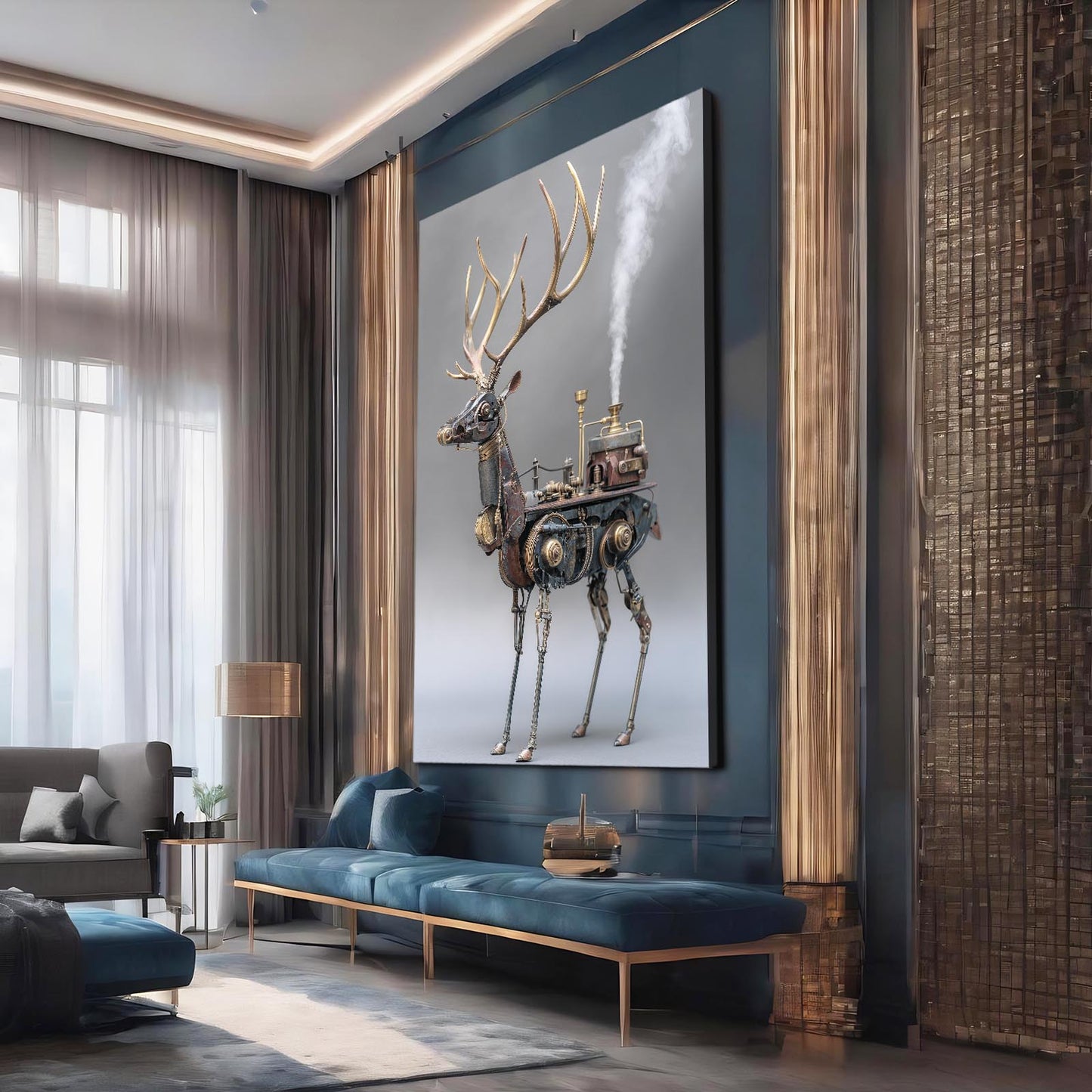 Boiler Steam Stag Steampunk Art – styled in a furnished interior