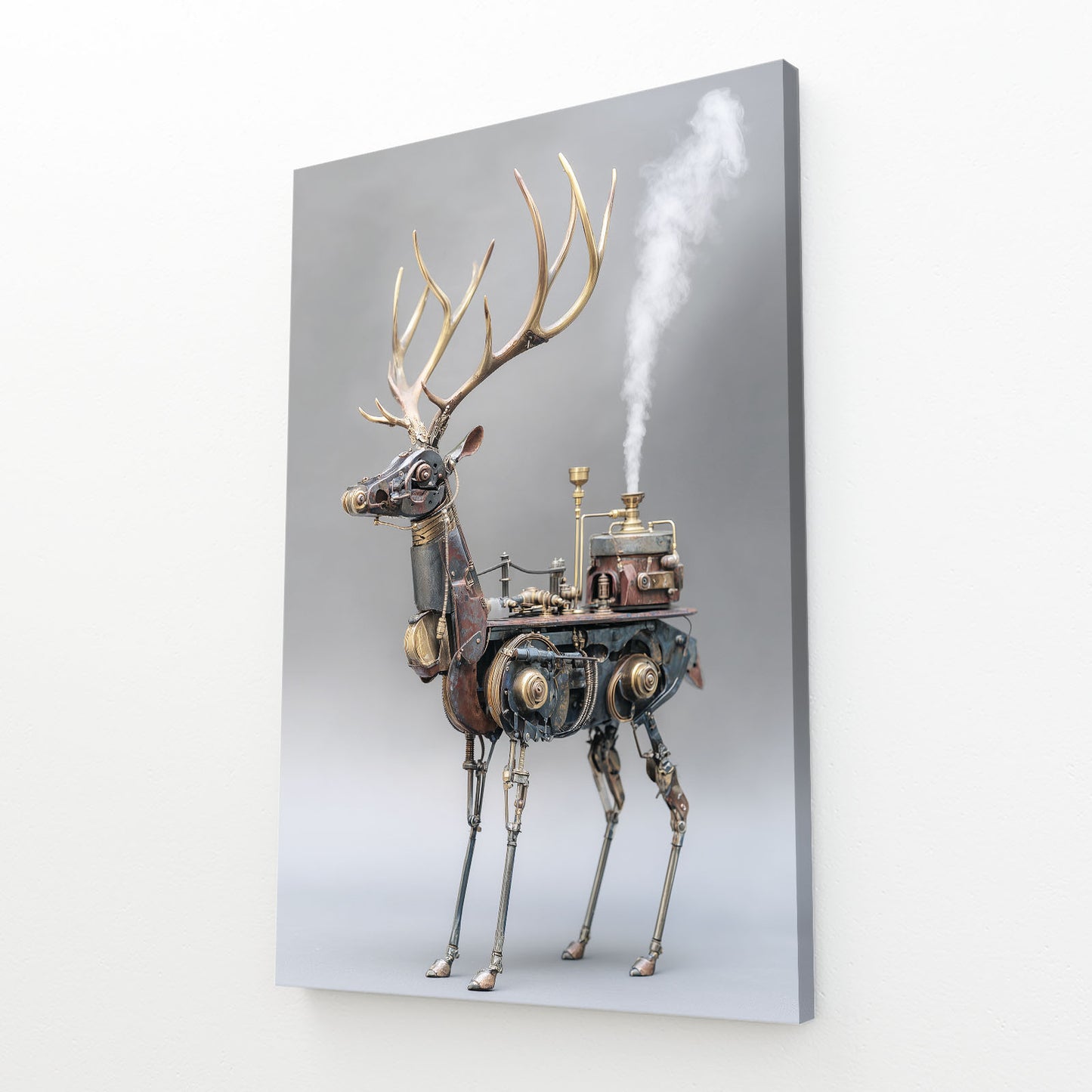 Boiler Steam Stag Steampunk Art – angled canvas view on white background