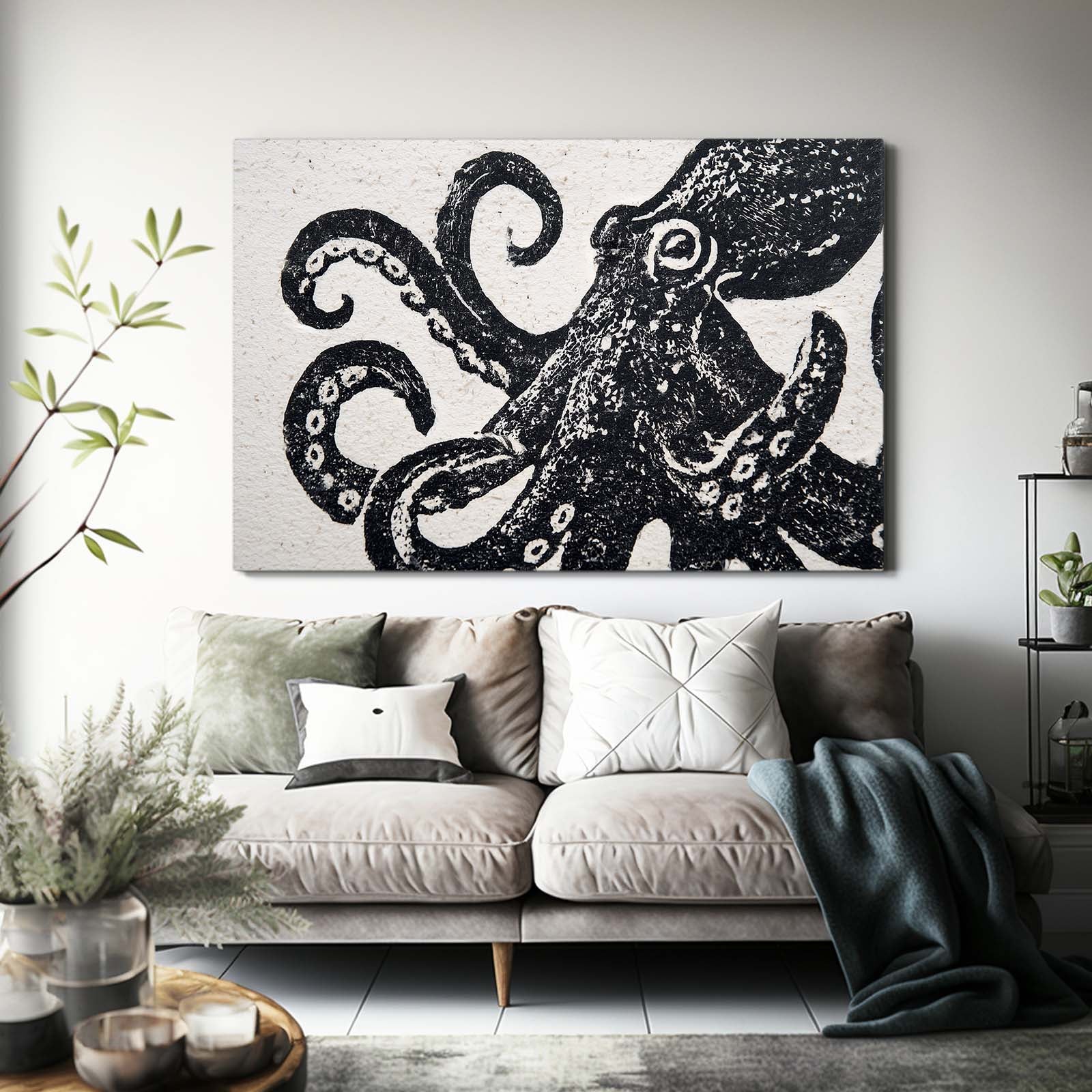 Bold Block Print Octopus Wall Decor – styled in a furnished interior