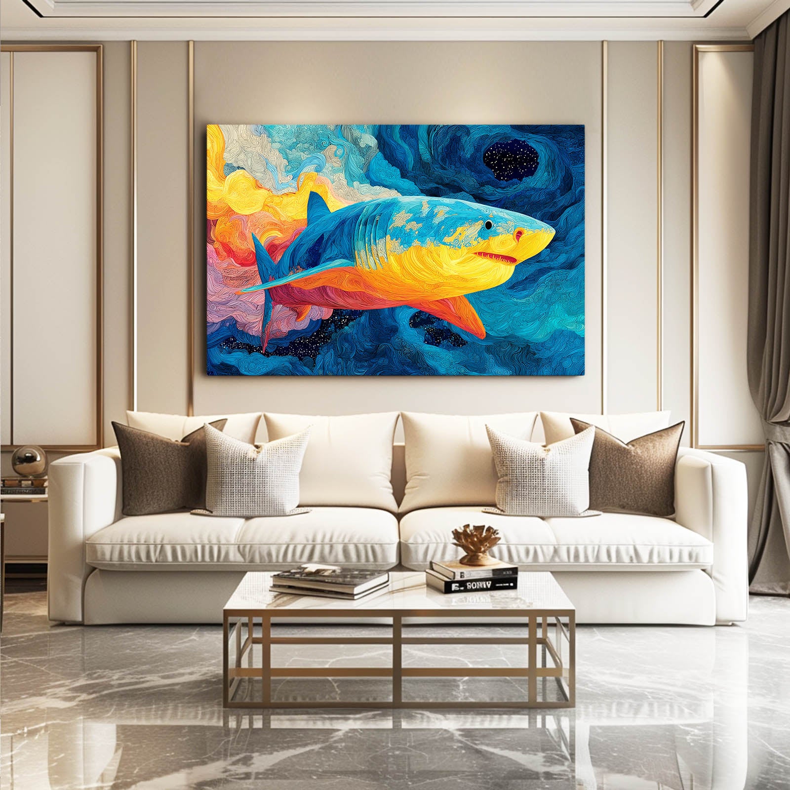Bold Color Block Shark Prints – styled in a furnished interior