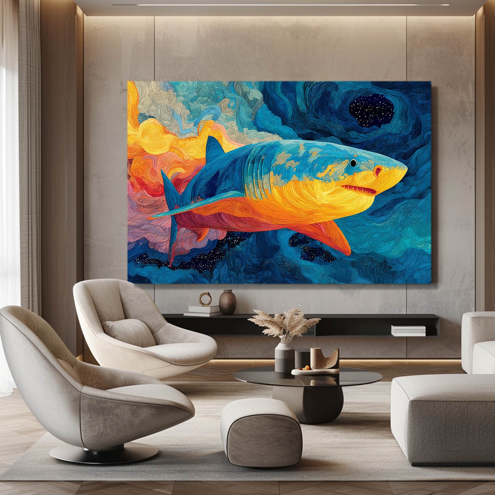 Bold Color Block Shark Prints – styled in a furnished interior