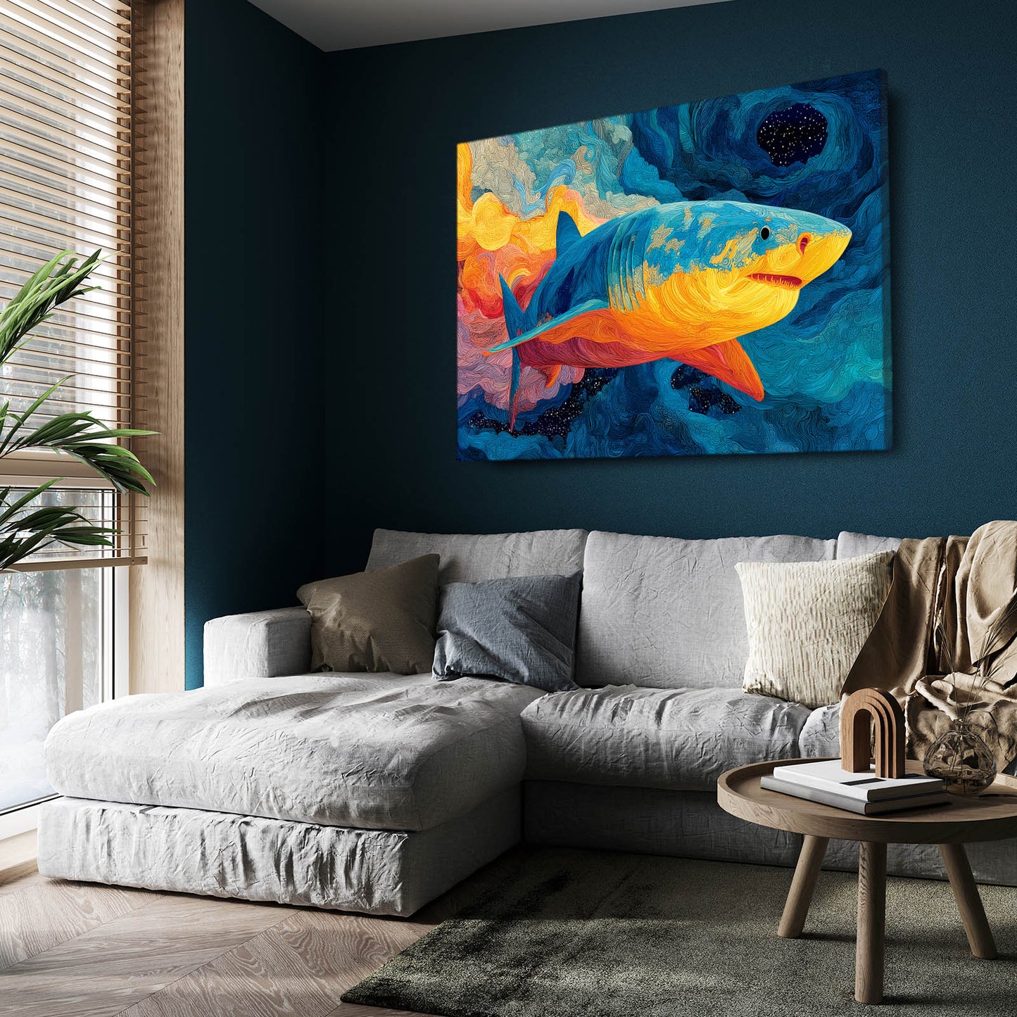 Bold Color Block Shark Prints – styled in a furnished interior