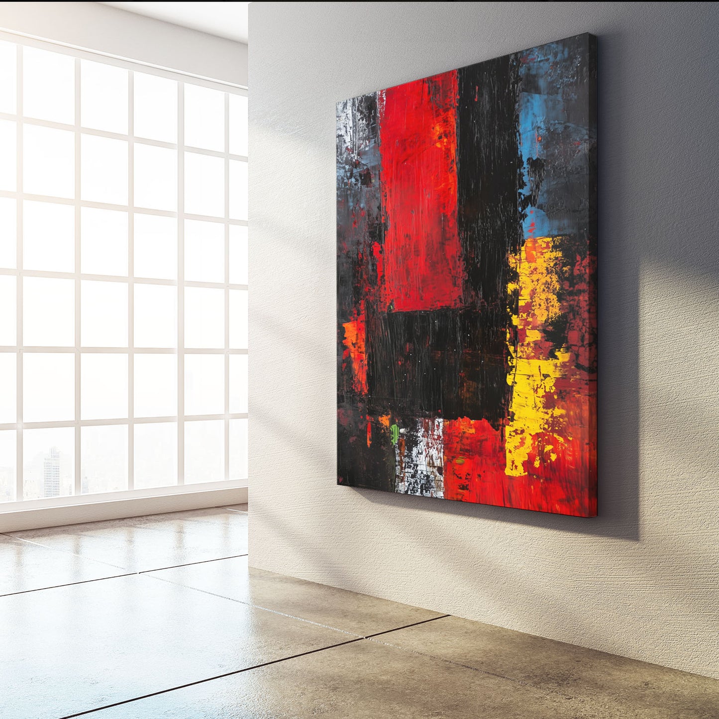 Bold Color Blocks Abstract Canvas – styled in a furnished interior