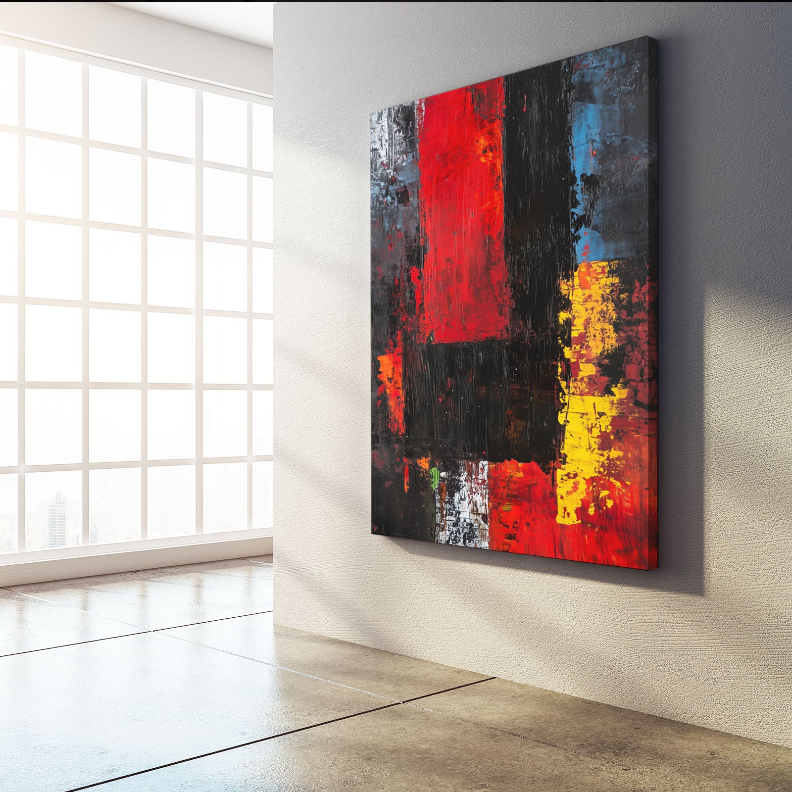Bold Color Blocks Abstract Canvas – styled in a furnished interior