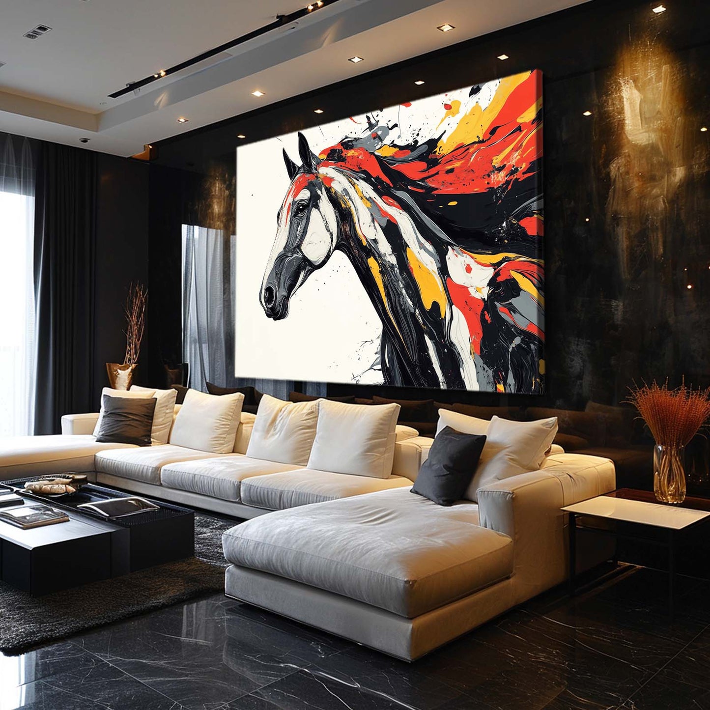 Bold Color Duo Horse Art — abstract canvas print, styled in a furnished interior