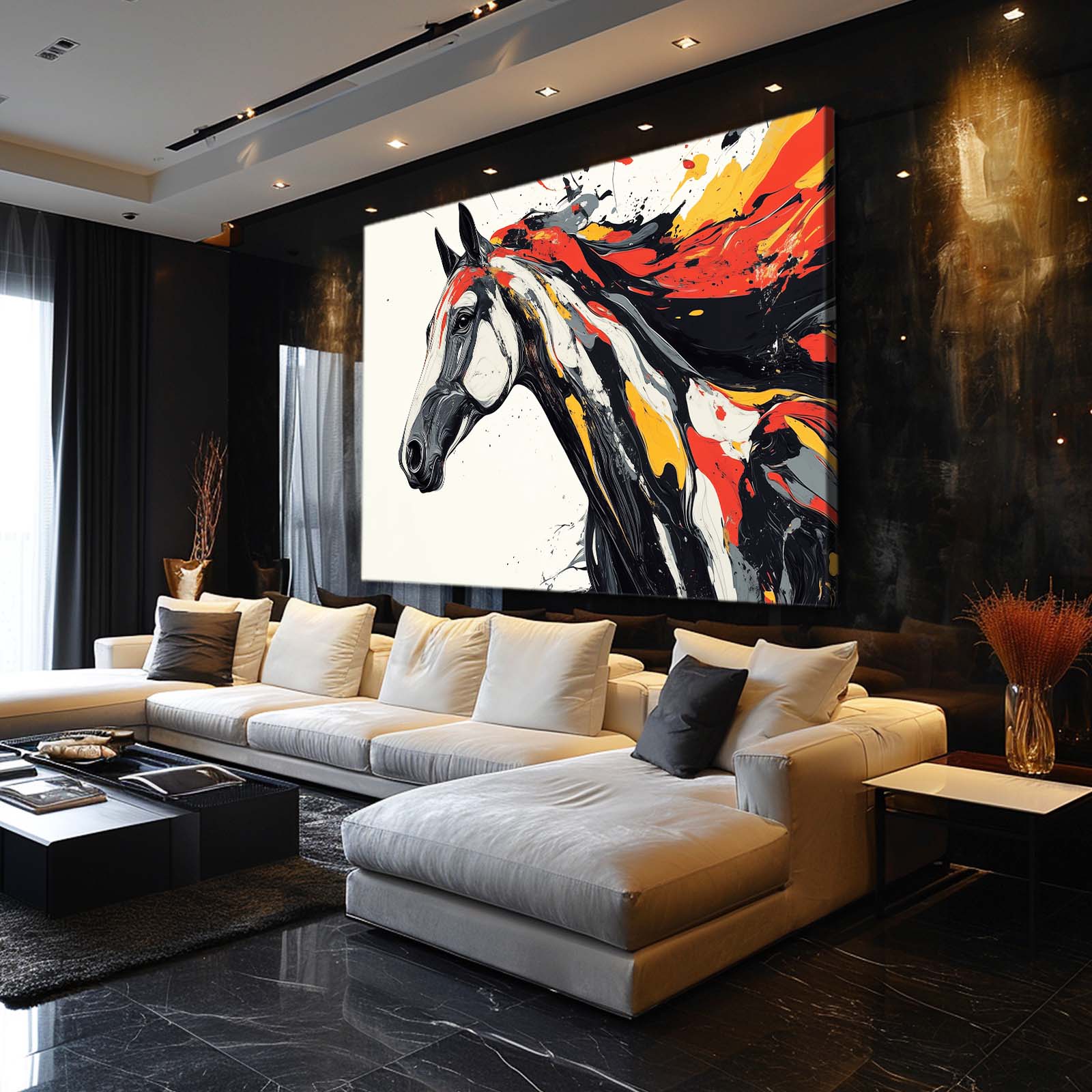Bold Color Duo Horse Art — abstract canvas print, styled in a furnished interior