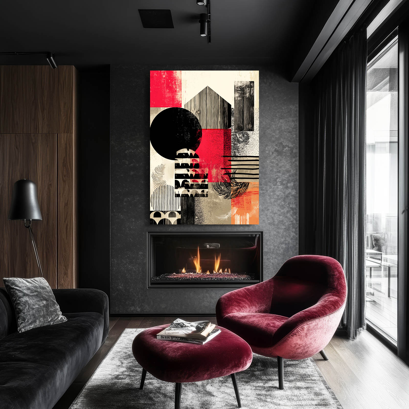 Bold Geometric Abstract Farmhouse Wall Art – styled in a furnished interior