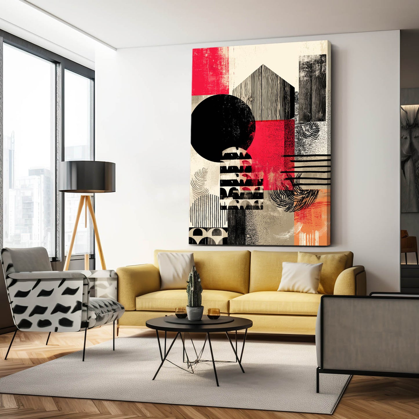 Bold Geometric Abstract Farmhouse Wall Art – styled in a furnished interior