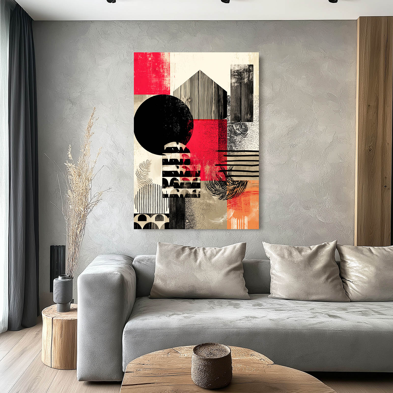Bold Geometric Barn Farmhouse Wall Art – styled in a furnished interior