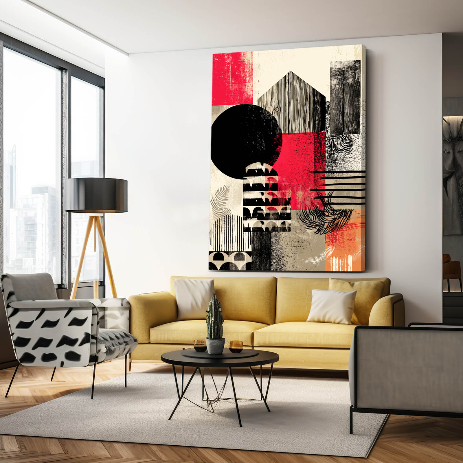 Bold Geometric Barn Farmhouse Wall Art – styled in a furnished interior