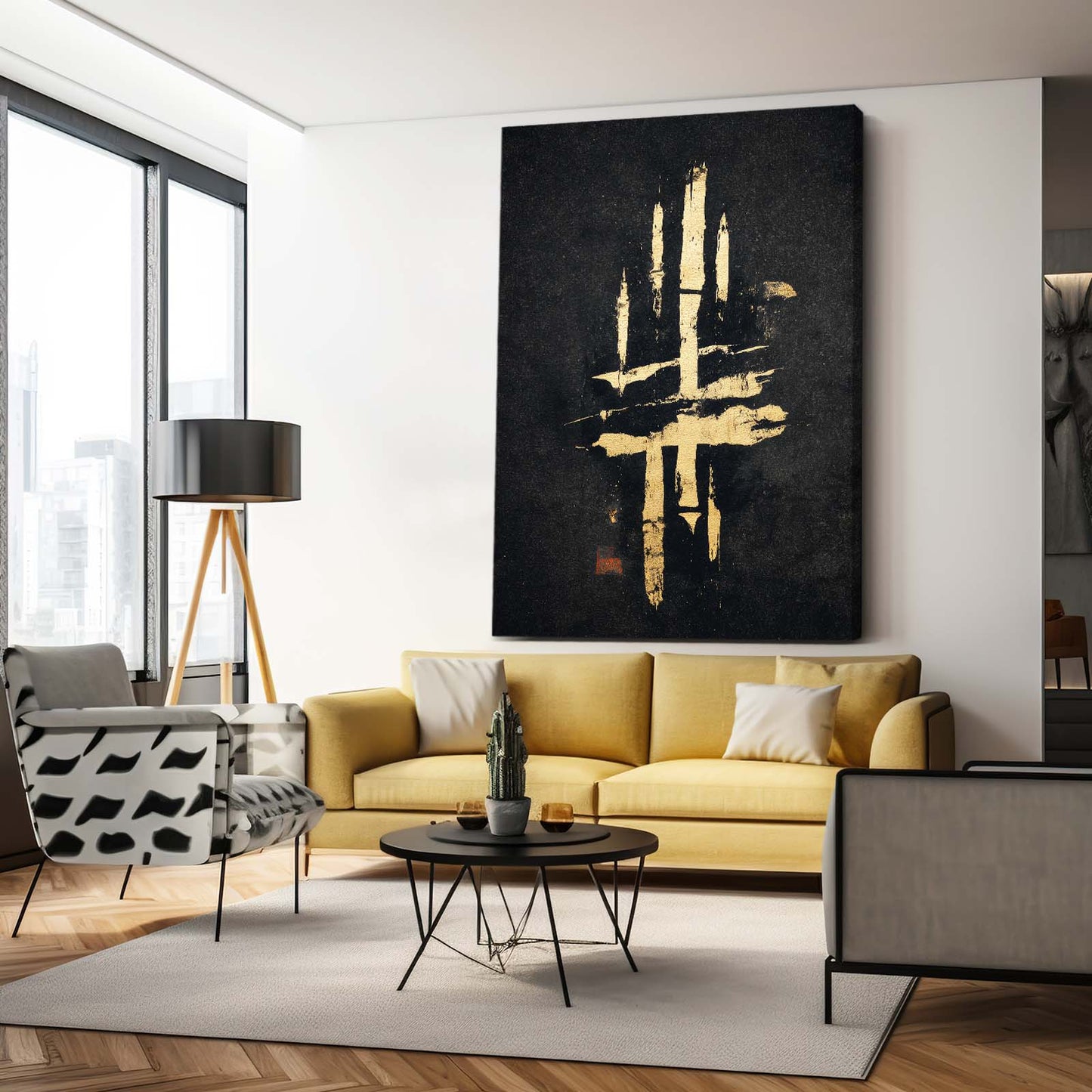 Bold Gold Glyph Canvas – styled in a furnished interior