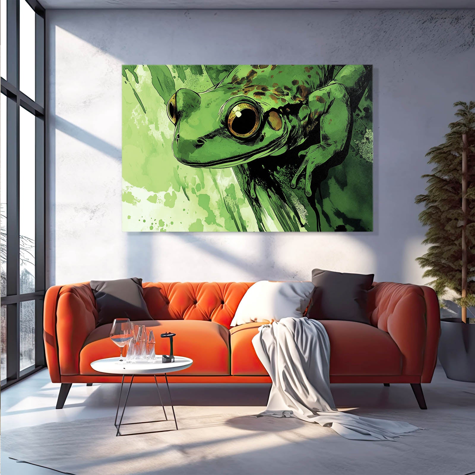 Bold Green Portrait Frog Canvas Art – styled in a furnished interior