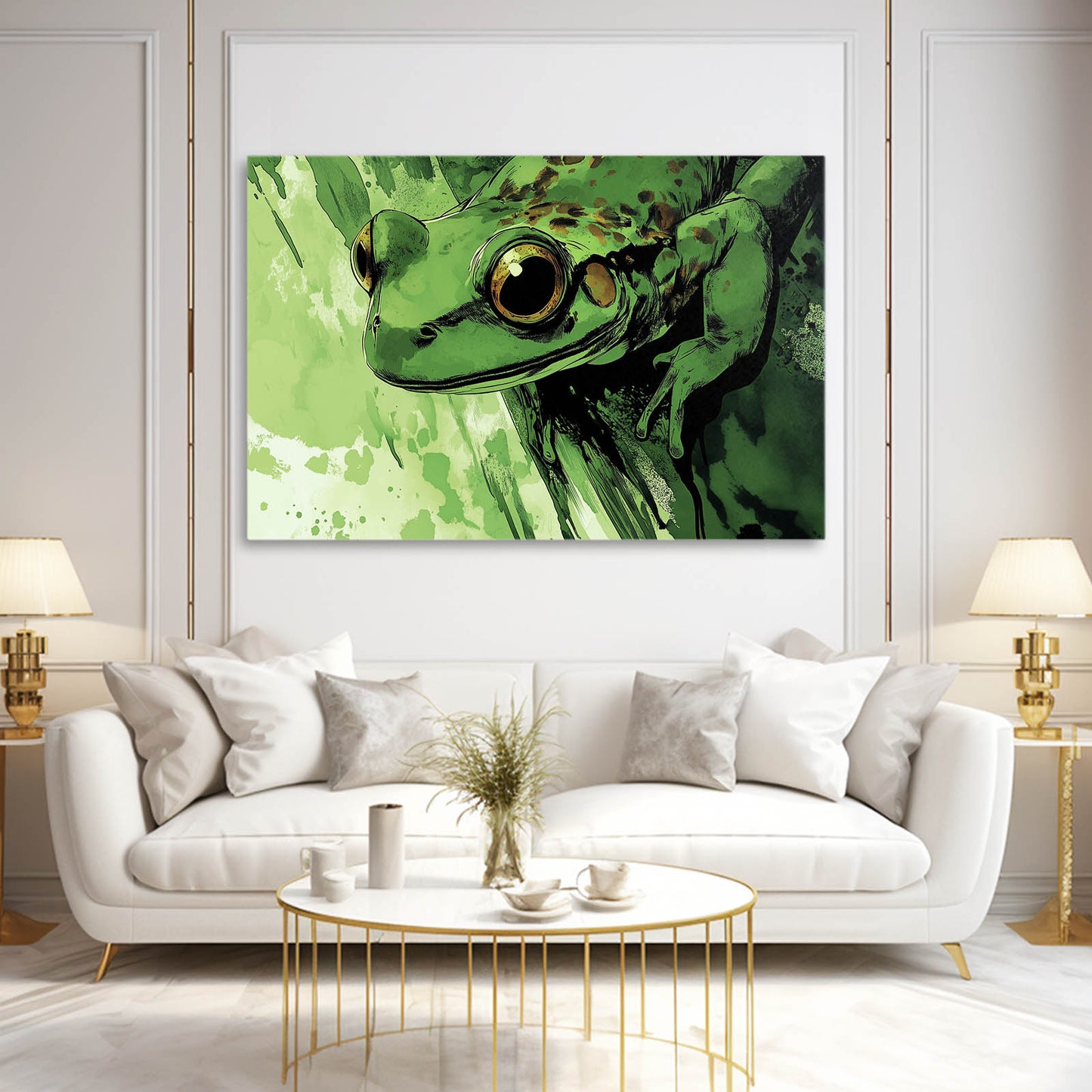 Bold Green Portrait Frog Canvas Art – styled in a furnished interior
