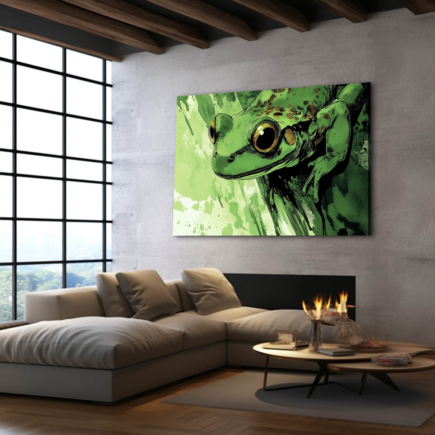 Bold Green Portrait Frog Canvas Art – styled in a furnished interior