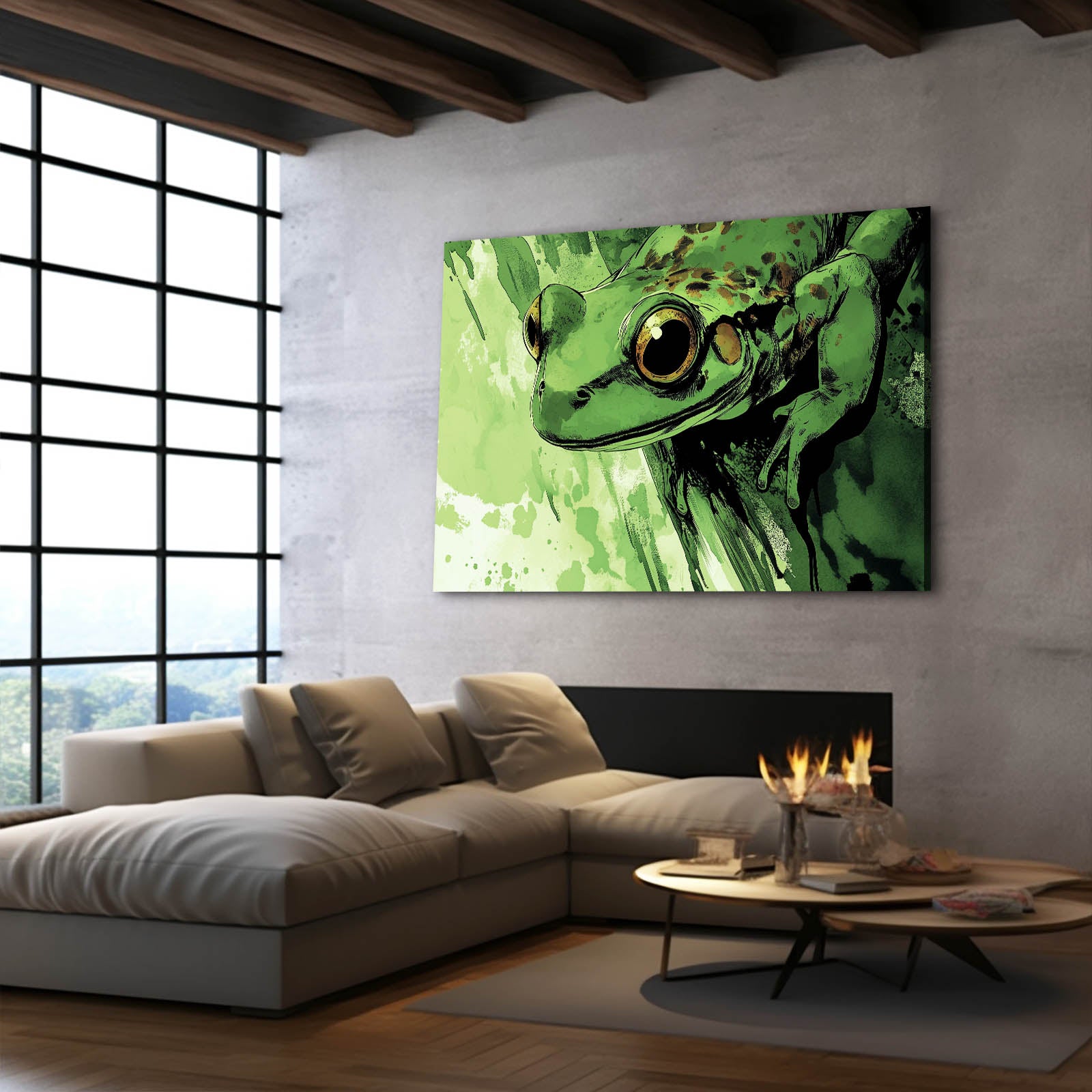 Bold Green Portrait Frog Canvas Art – styled in a furnished interior