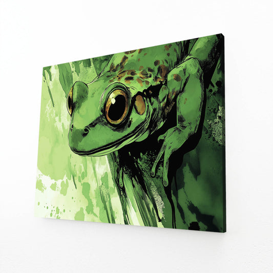 Bold Green Portrait Frog Canvas Art – angled canvas view on white background
