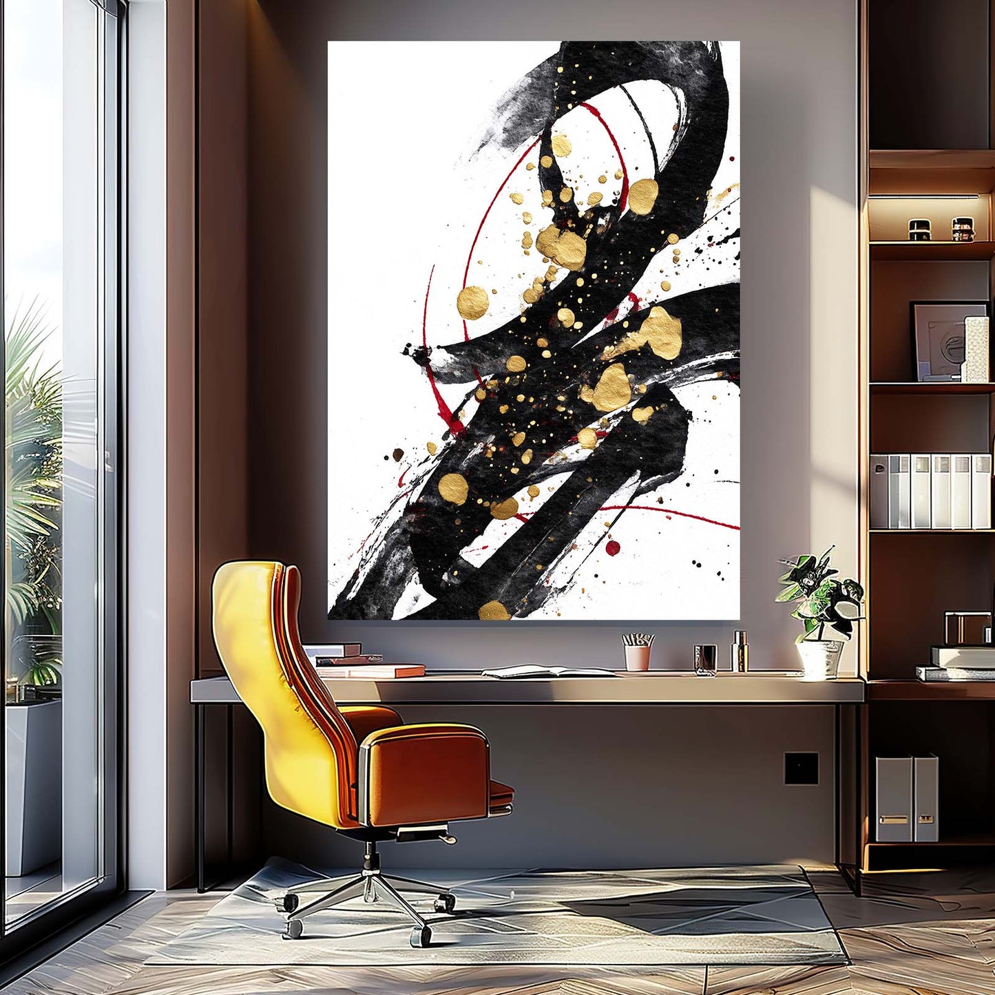 Bold Ink Accent Gold Canvas Art – styled in a furnished interior