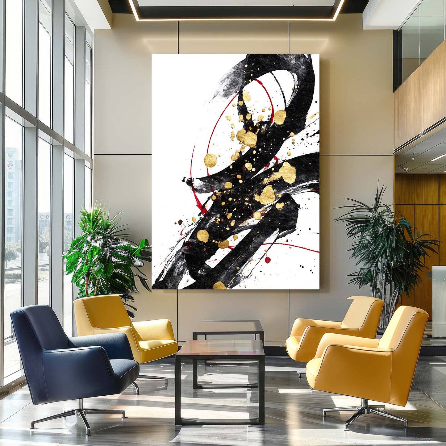 Bold Ink Accent Gold Canvas Art – styled in a furnished interior