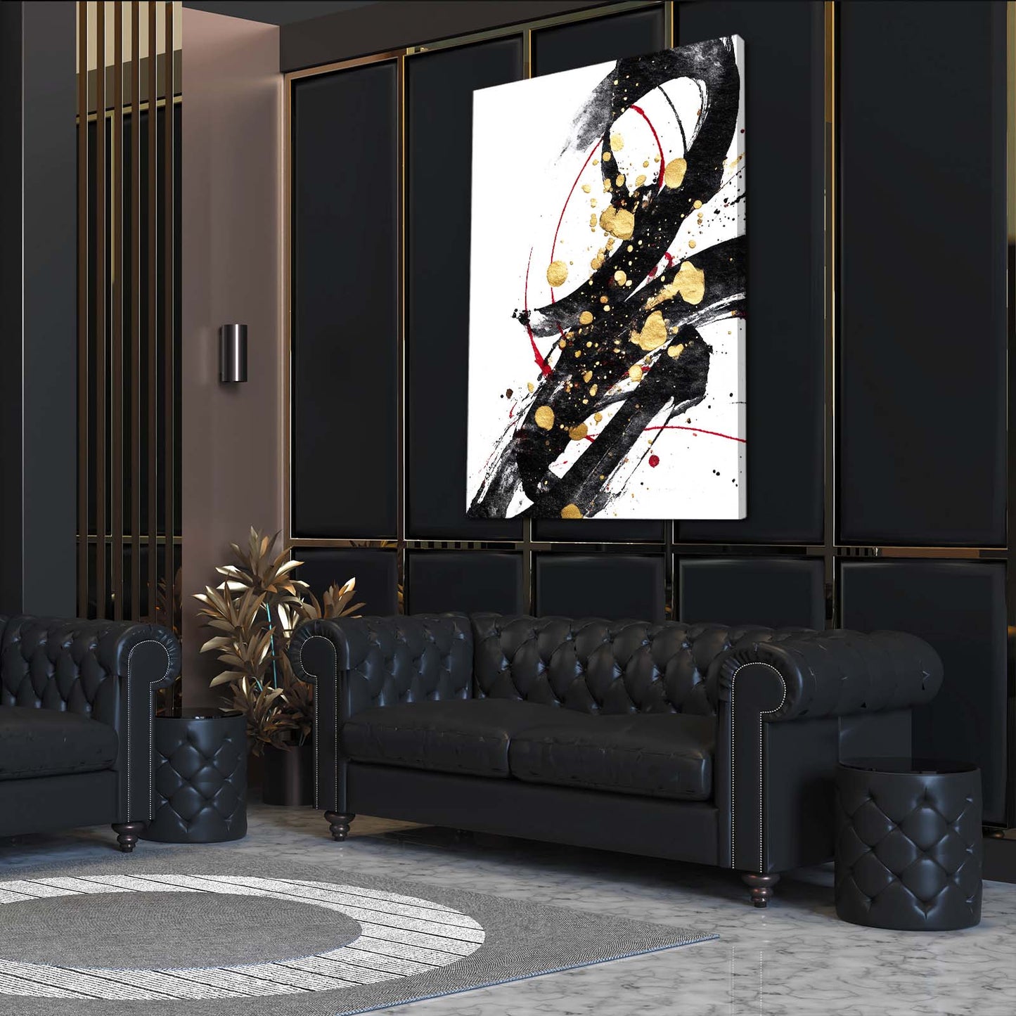 Bold Ink Accent Gold Canvas Art – styled in a furnished interior