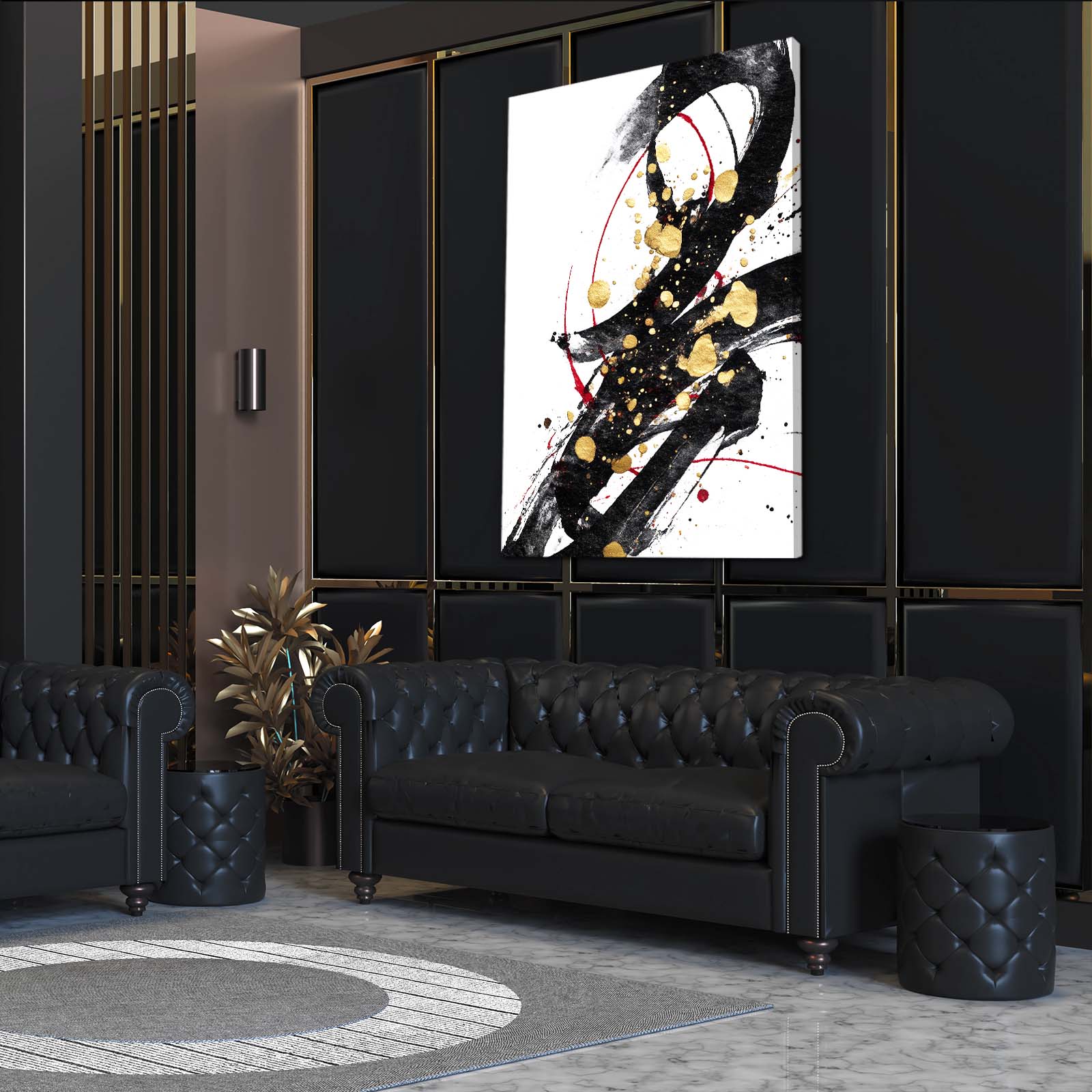 Bold Ink Accent Gold Canvas Art – styled in a furnished interior