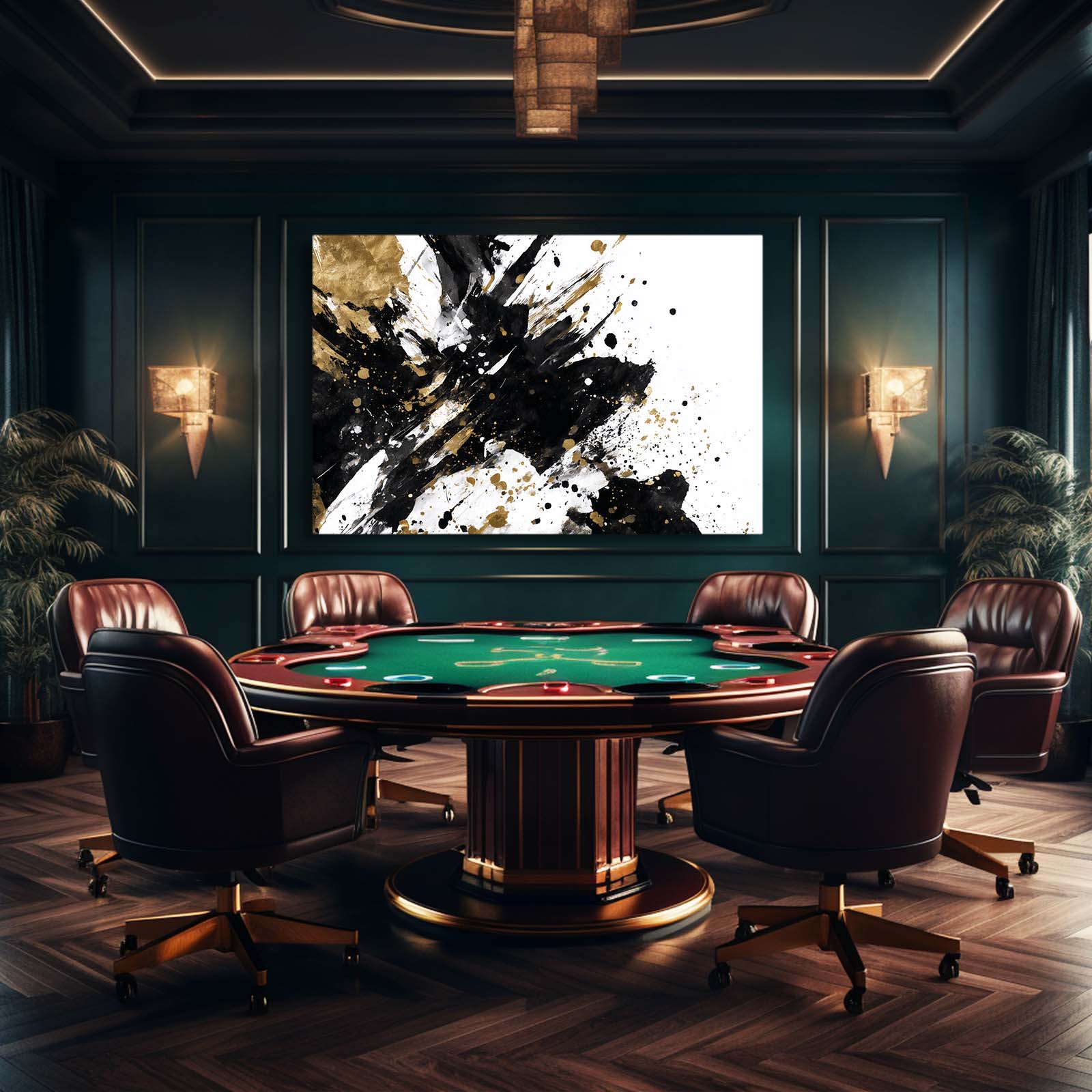 Bold Ink Burst Gold Art – styled in a furnished interior