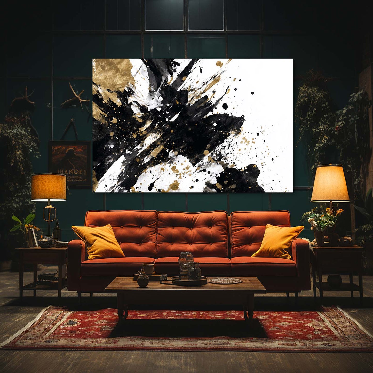 Bold Ink Burst Gold Art – styled in a furnished interior
