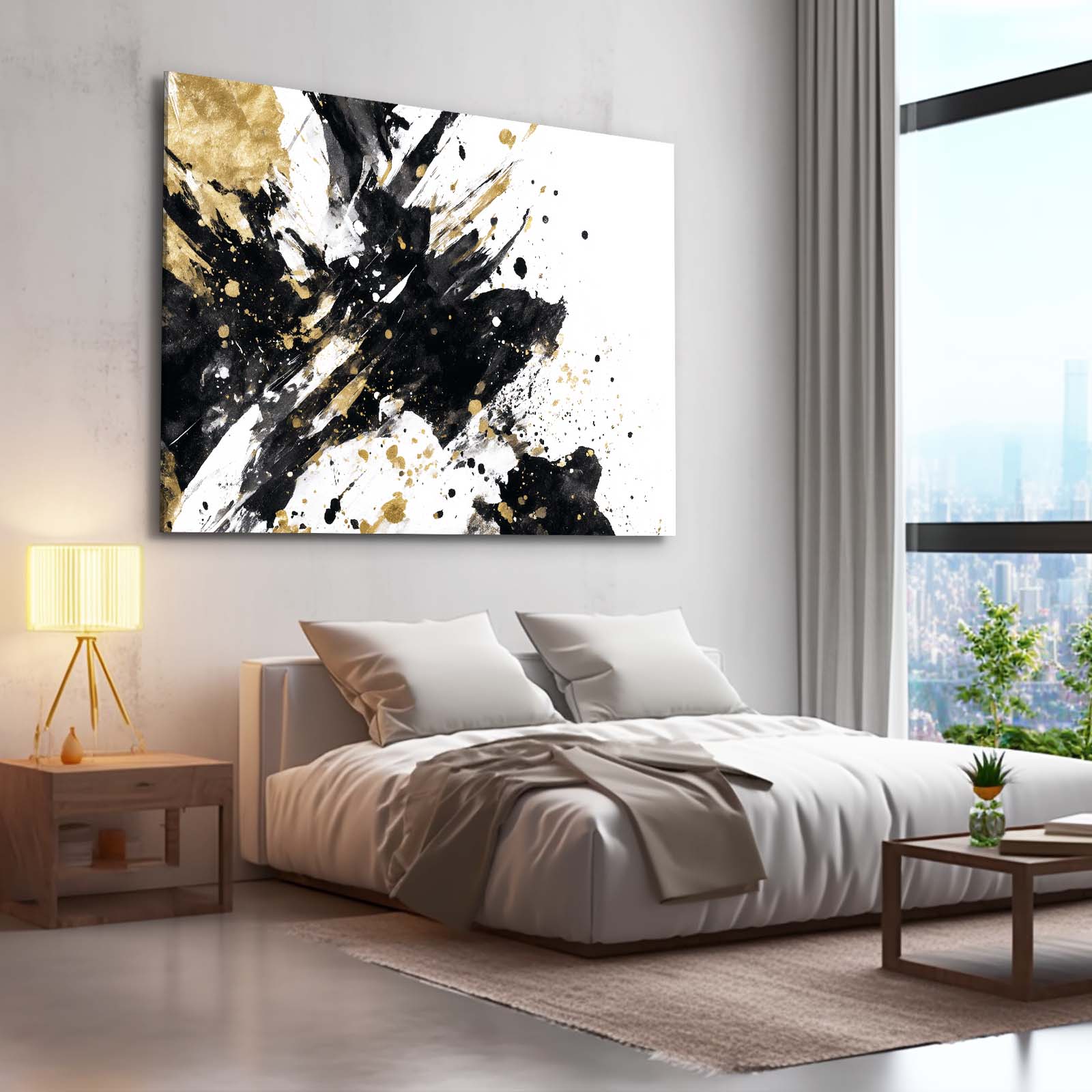 Bold Ink Burst Gold Art – styled in a furnished interior