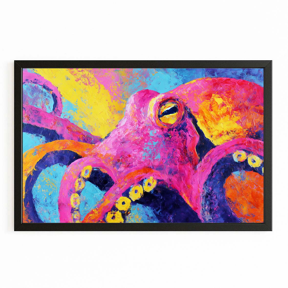Bold Neon Portrait Octopus Art – with Premium Black frame on white background