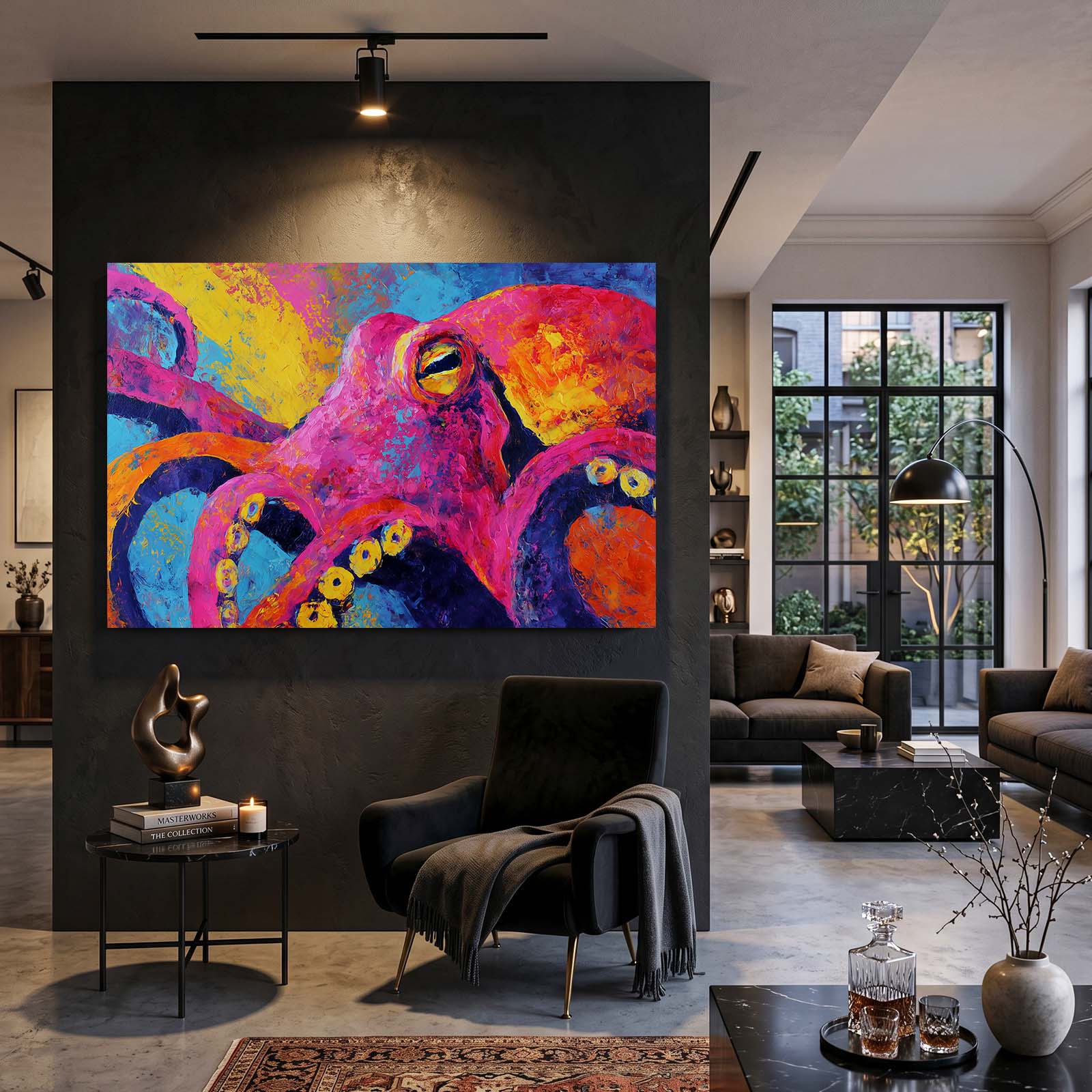 Bold Neon Portrait Octopus Art – styled in a furnished interior