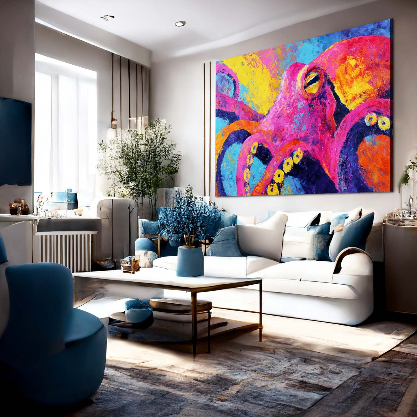 Bold Neon Portrait Octopus Art – styled in a furnished interior