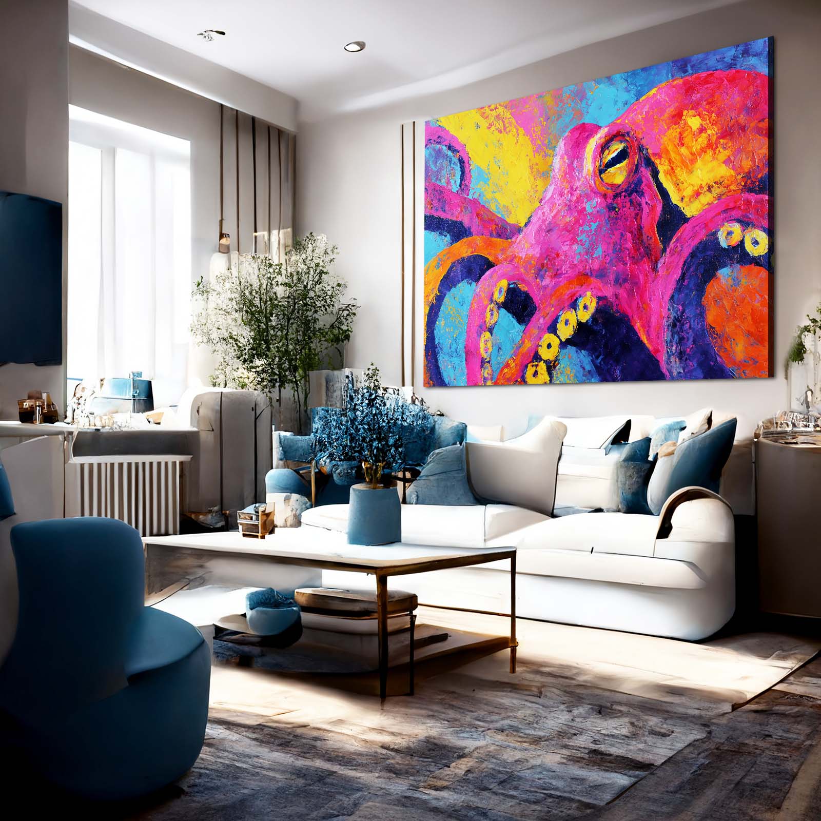 Bold Neon Portrait Octopus Art – styled in a furnished interior
