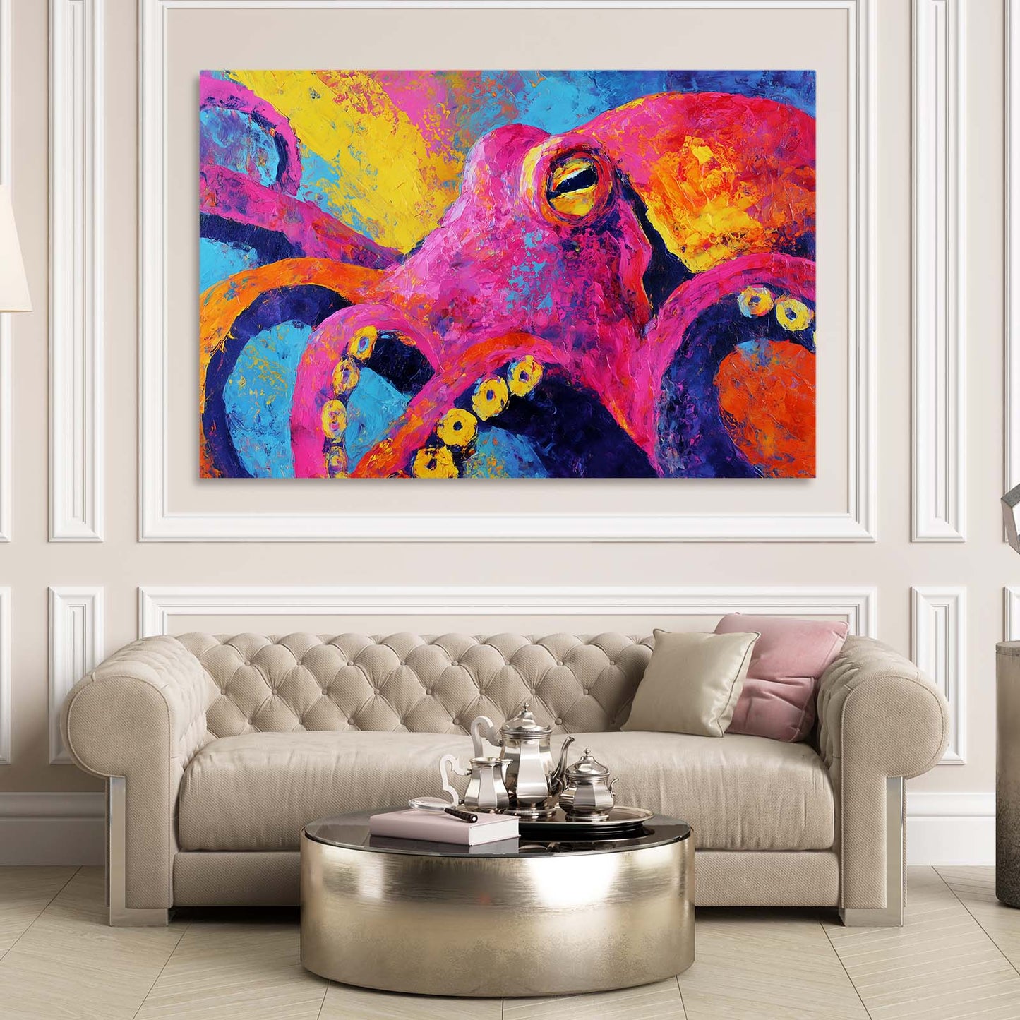 Bold Neon Portrait Octopus Art – styled in a furnished interior