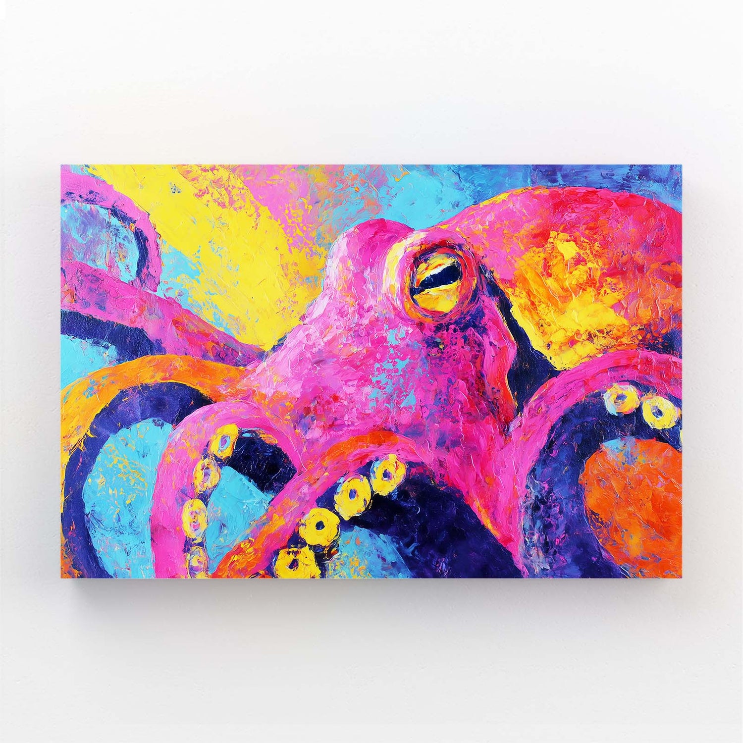 Bold Neon Portrait Octopus Art — abstract canvas print, angled canvas view on white background