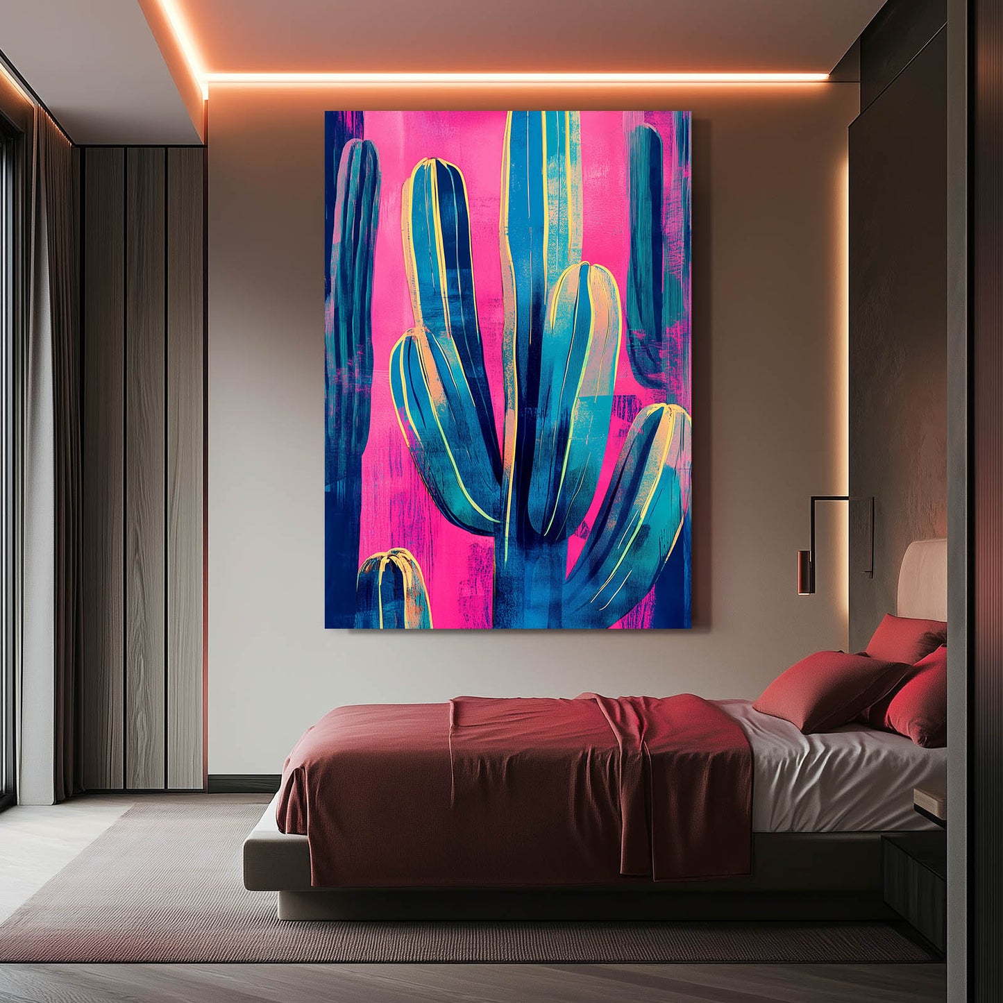 Bold Pink Teal Cactus Prints – styled in a furnished interior
