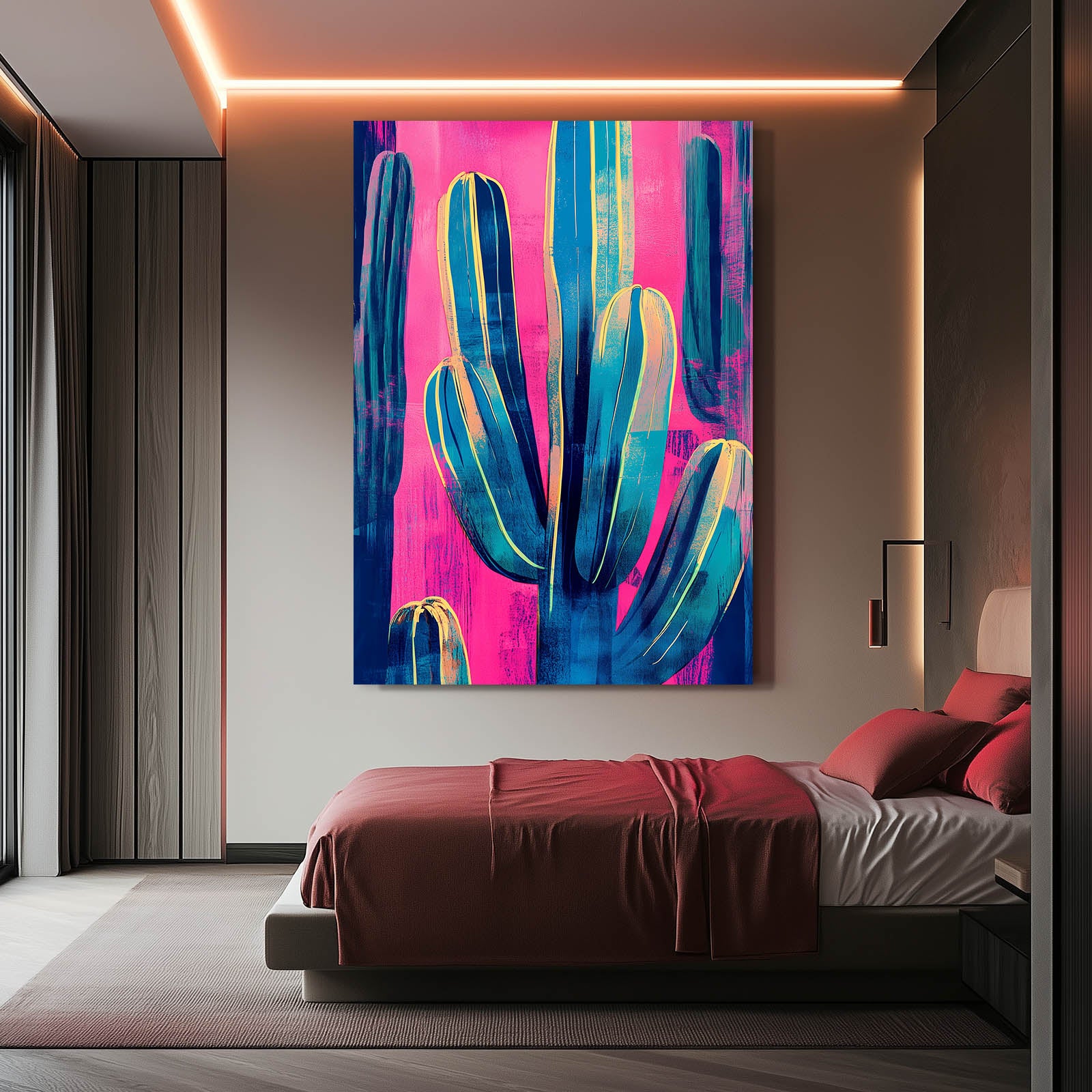 Bold Pink Teal Cactus Prints – styled in a furnished interior