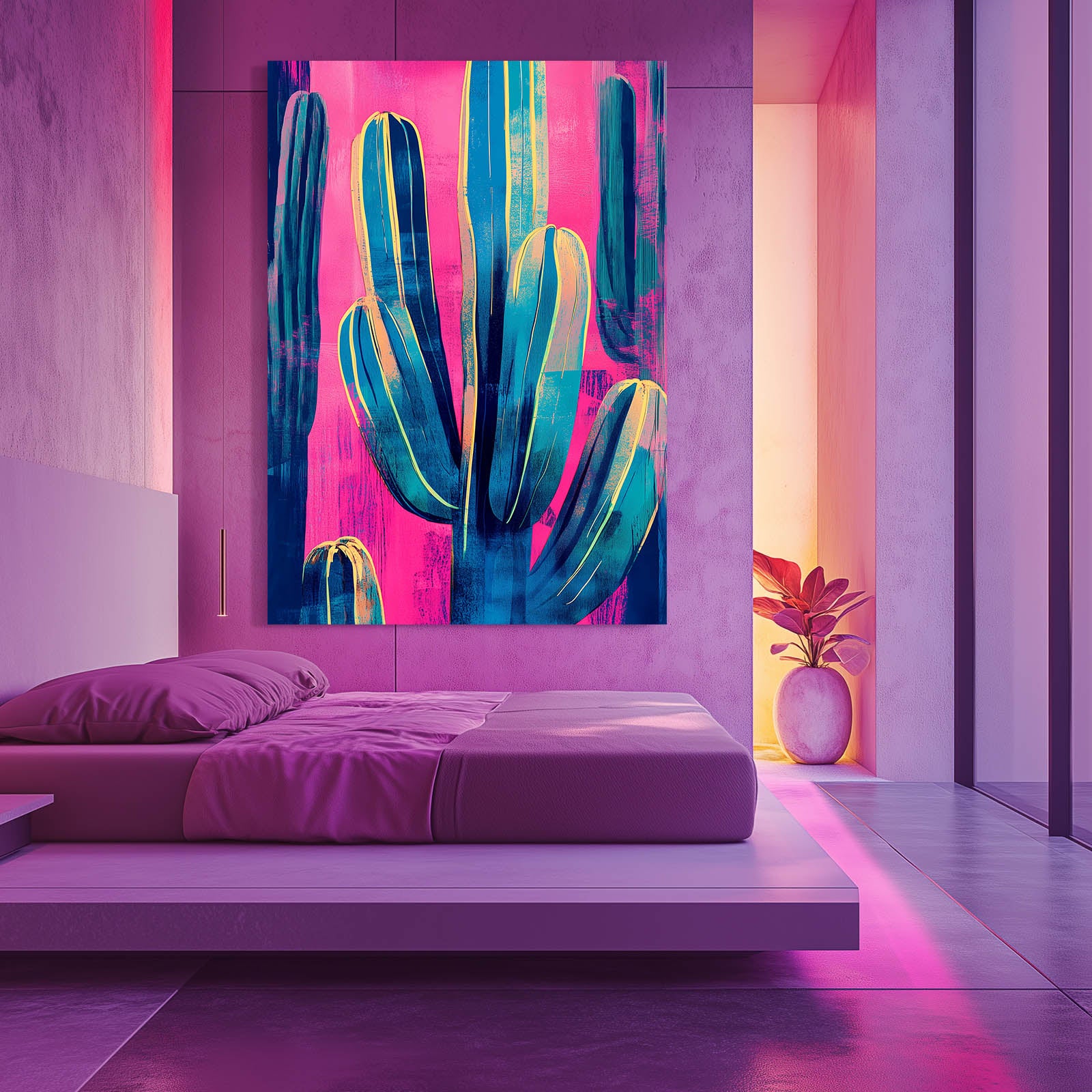 Bold Pink Teal Cactus Prints – styled in a furnished interior