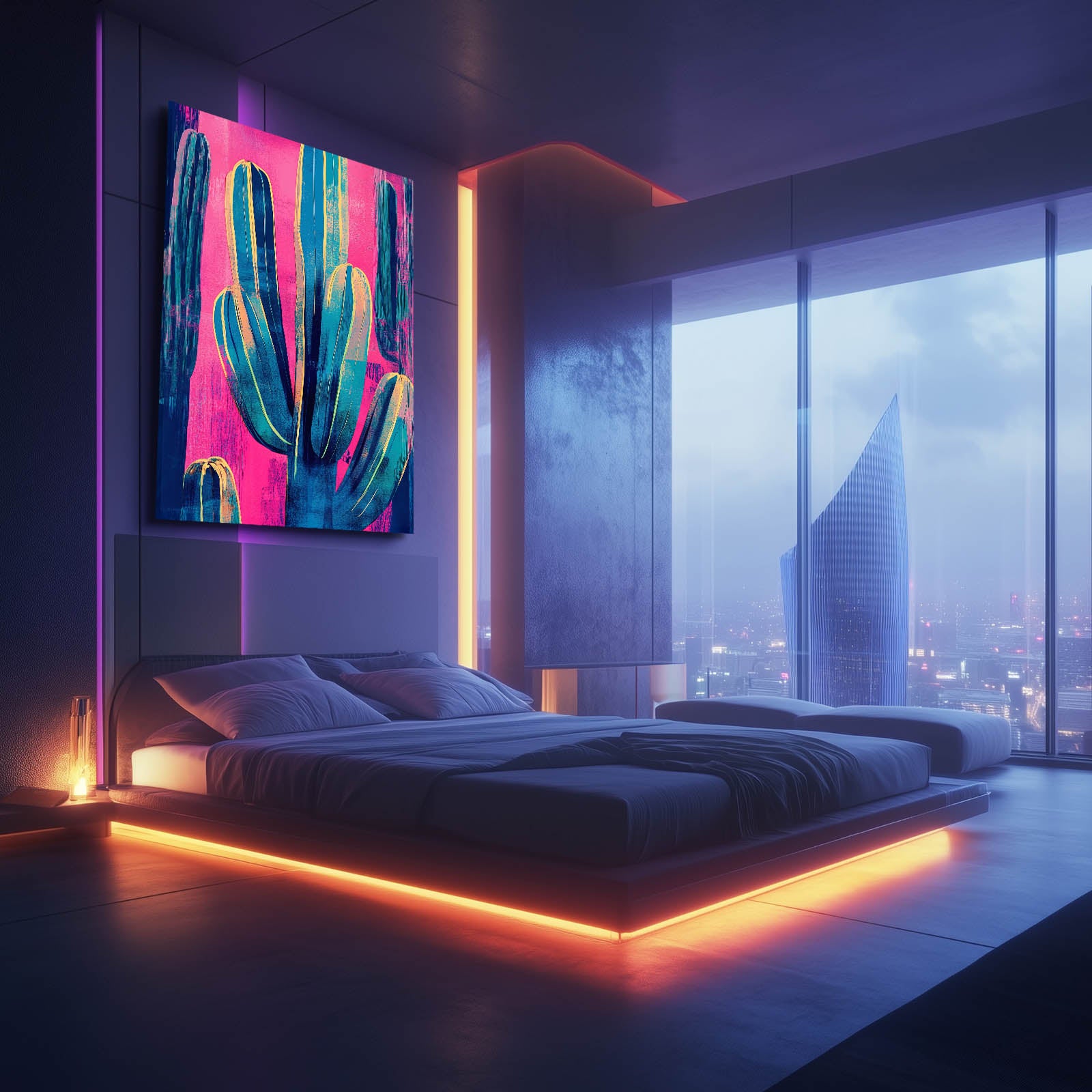 Bold Pink Teal Cactus Prints – styled in a furnished interior