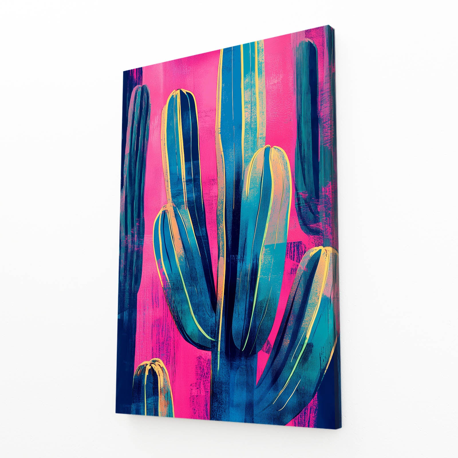 Bold Pink Teal Cactus Prints – angled canvas view on white background