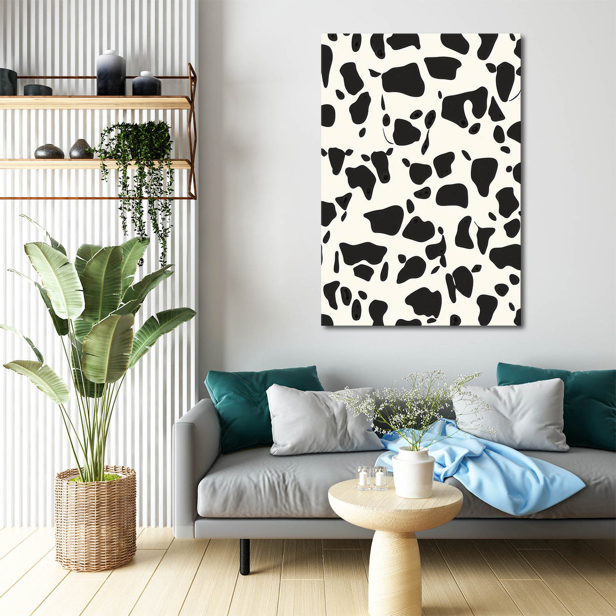 Bold Spotted Pattern Cool Wall Art — contemporary canvas print, styled in a furnished interior