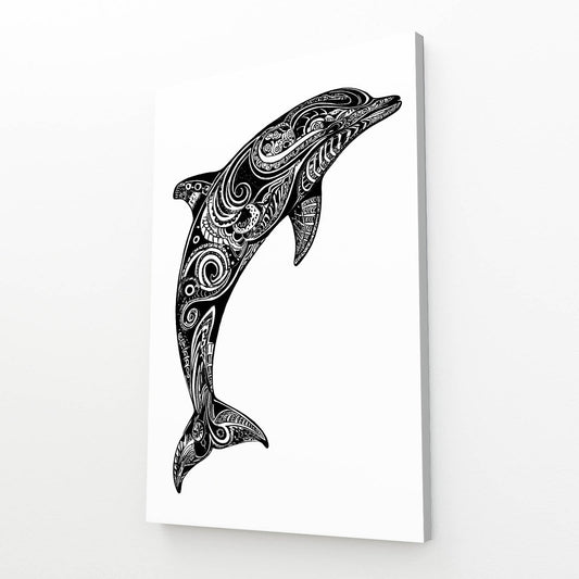 Bold Swirl Dolphin Print – angled canvas view on white background