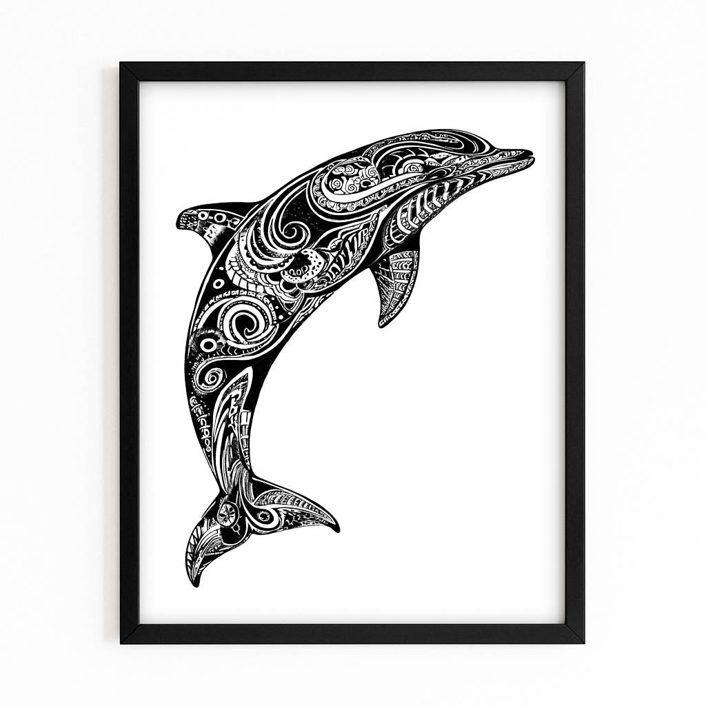 Bold Swirl Dolphin Print – with Premium Black wood frame on white background