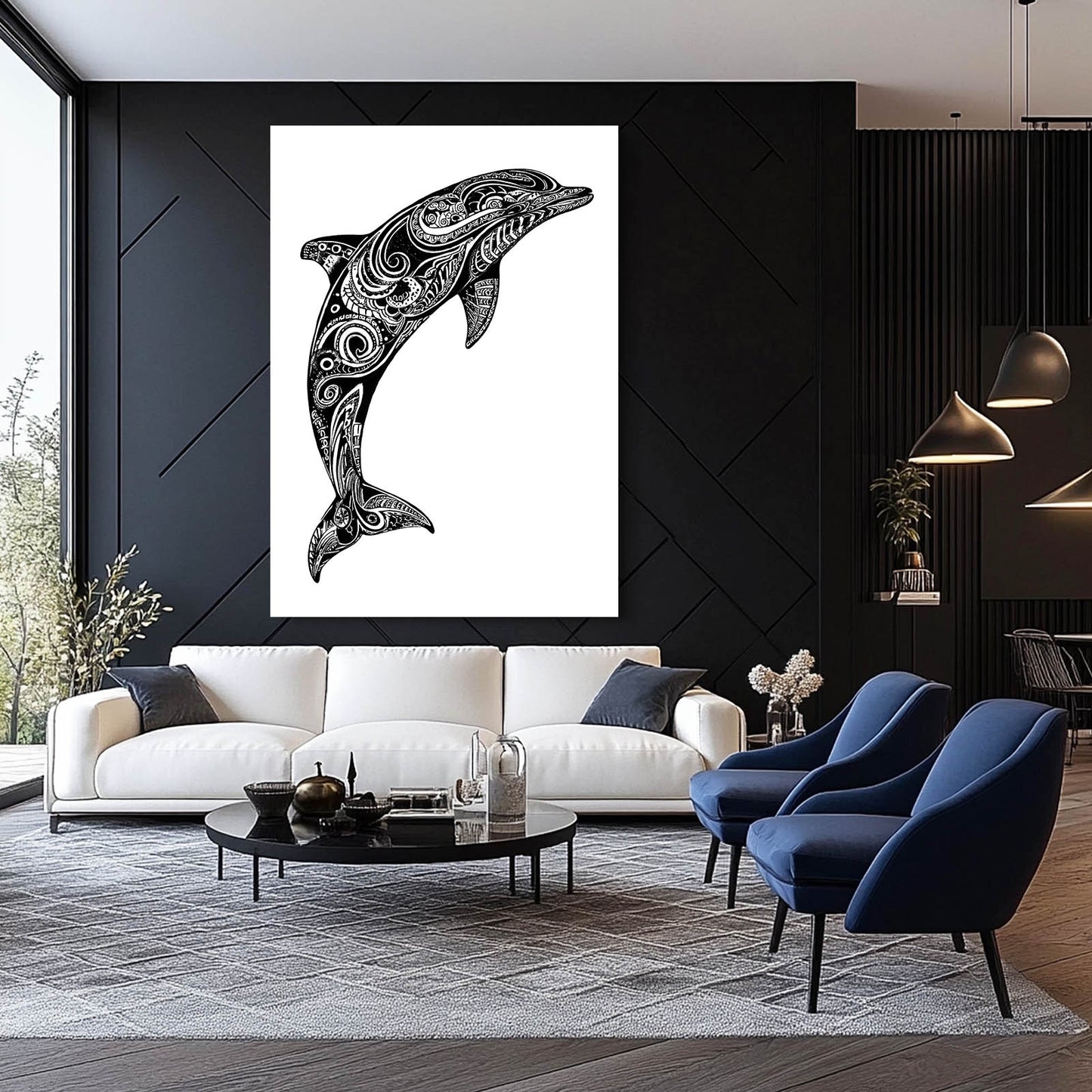 Bold Swirl Dolphin Print – styled in a furnished interior