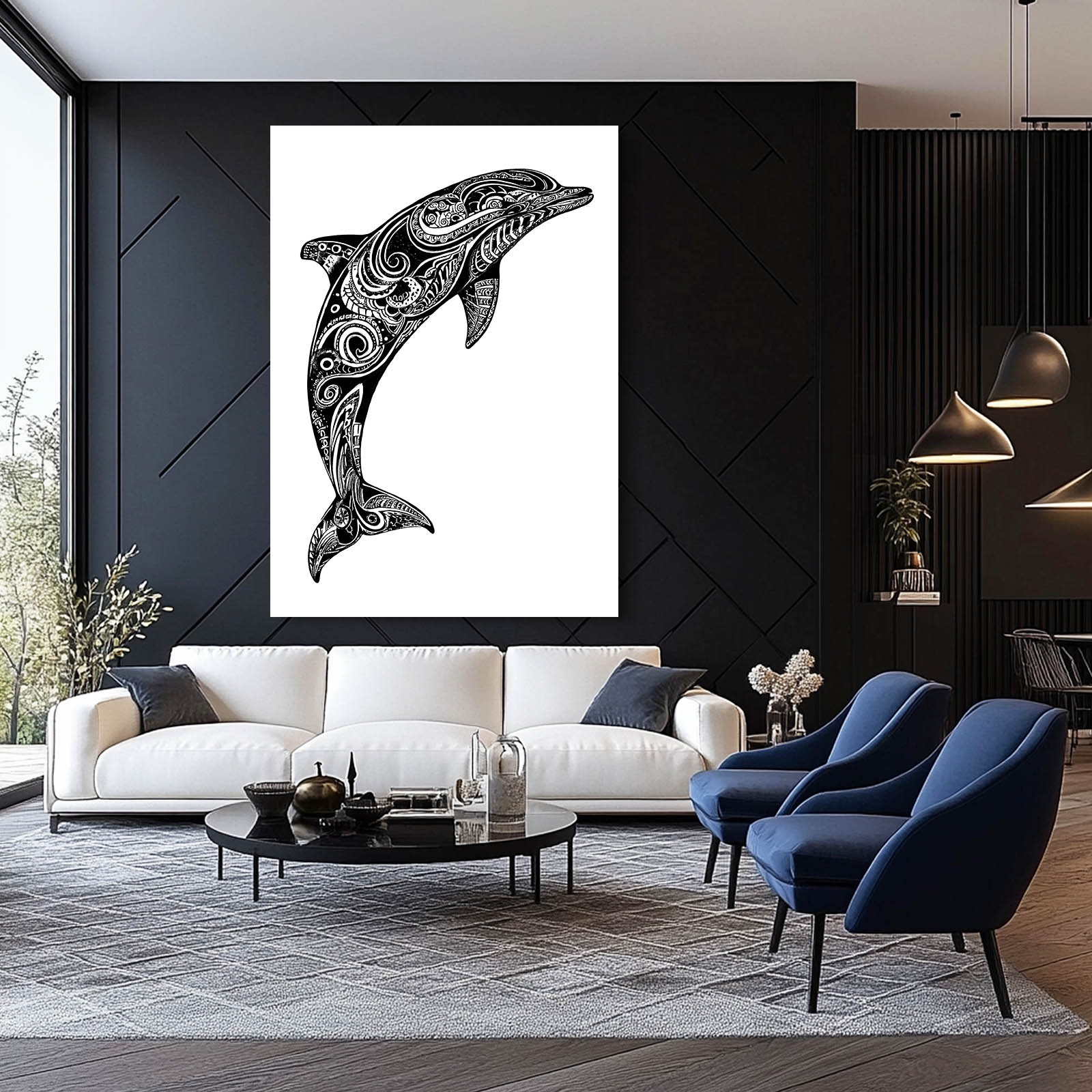 Bold Swirl Dolphin Print – styled in a furnished interior