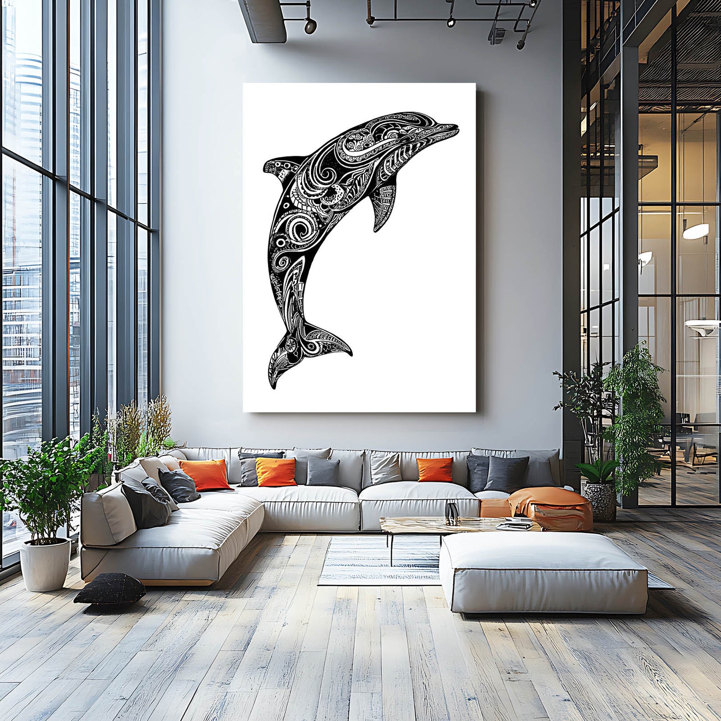 Bold Swirl Dolphin Print – styled in a furnished interior
