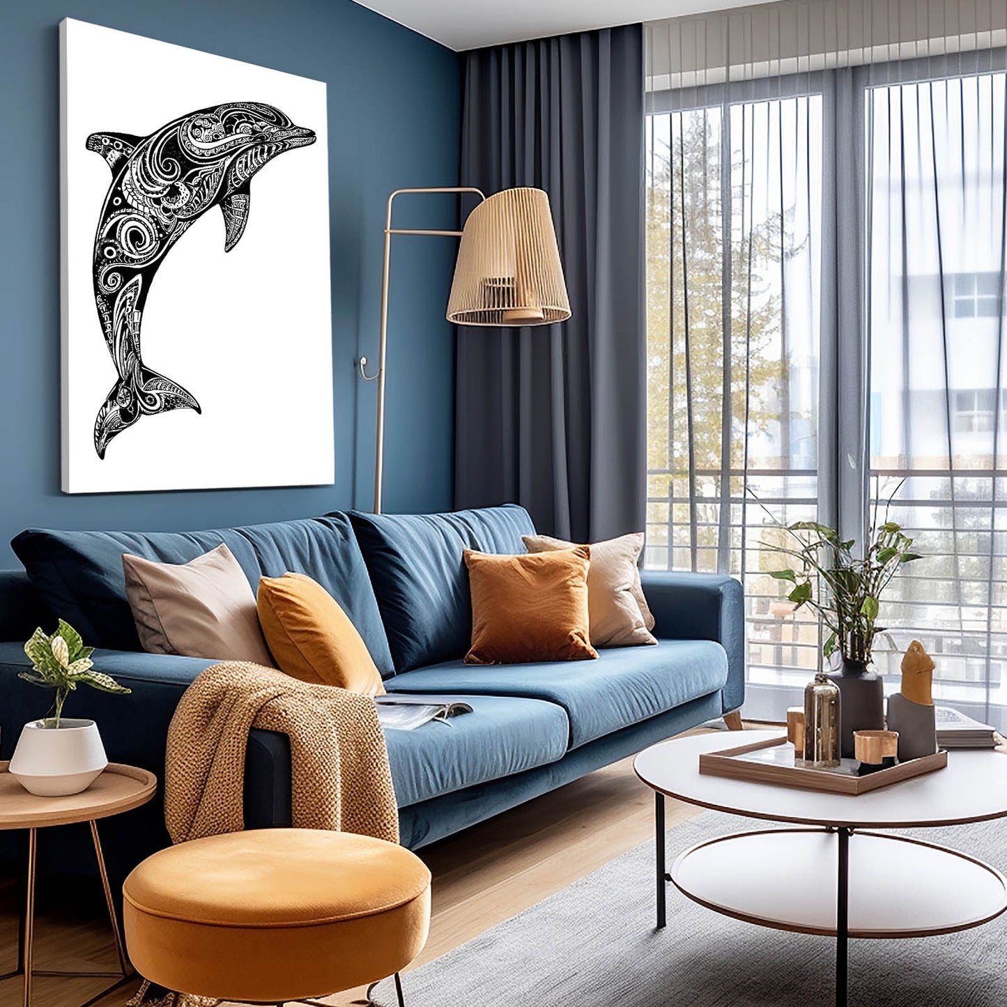 Bold Swirl Dolphin Print – styled in a furnished interior