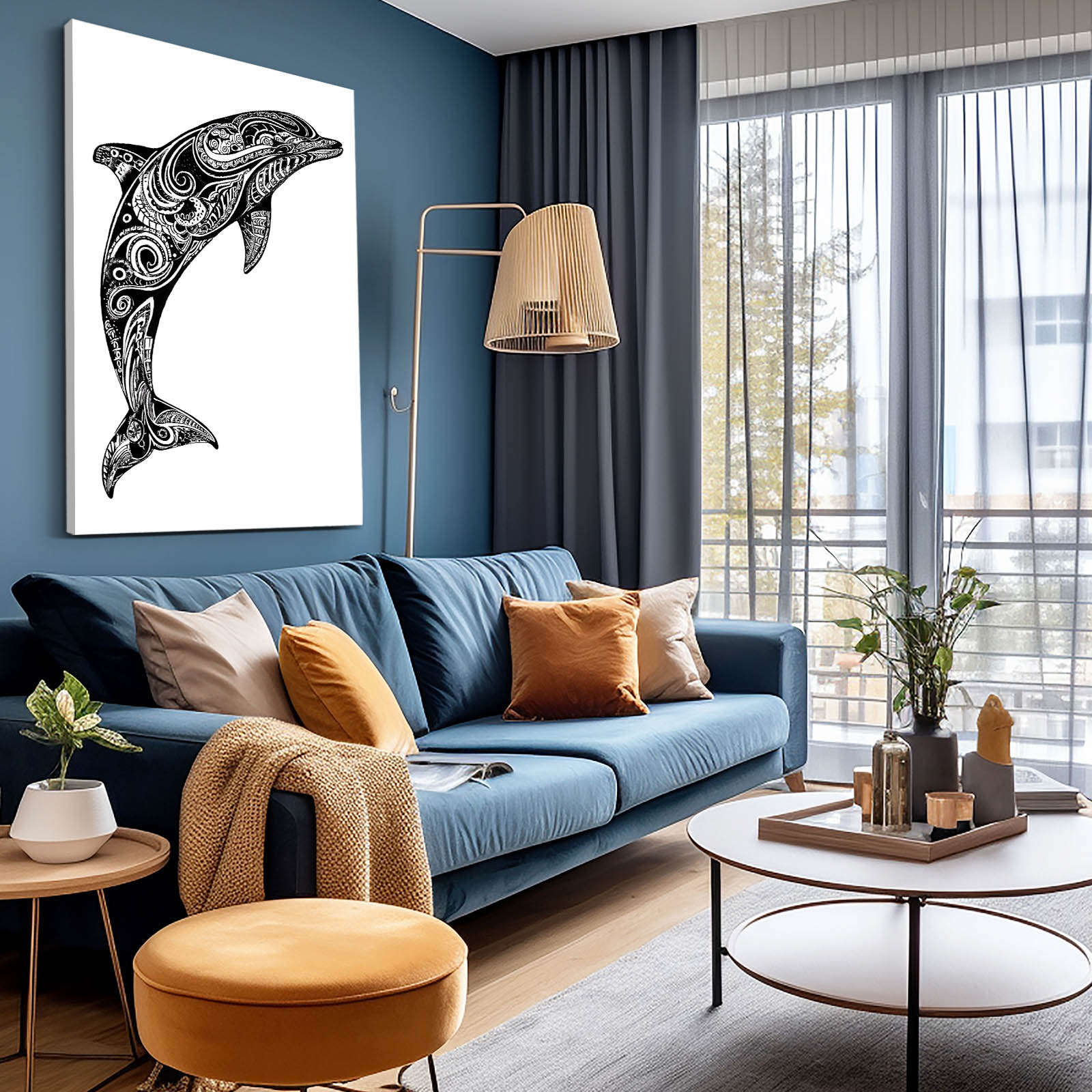 Bold Swirl Dolphin Print – styled in a furnished interior