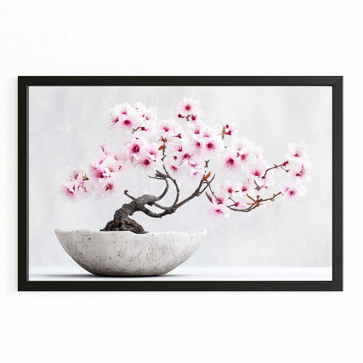 Bonsai In Bowl Cherry Blossom Wall Decor – with Premium Black frame on white background