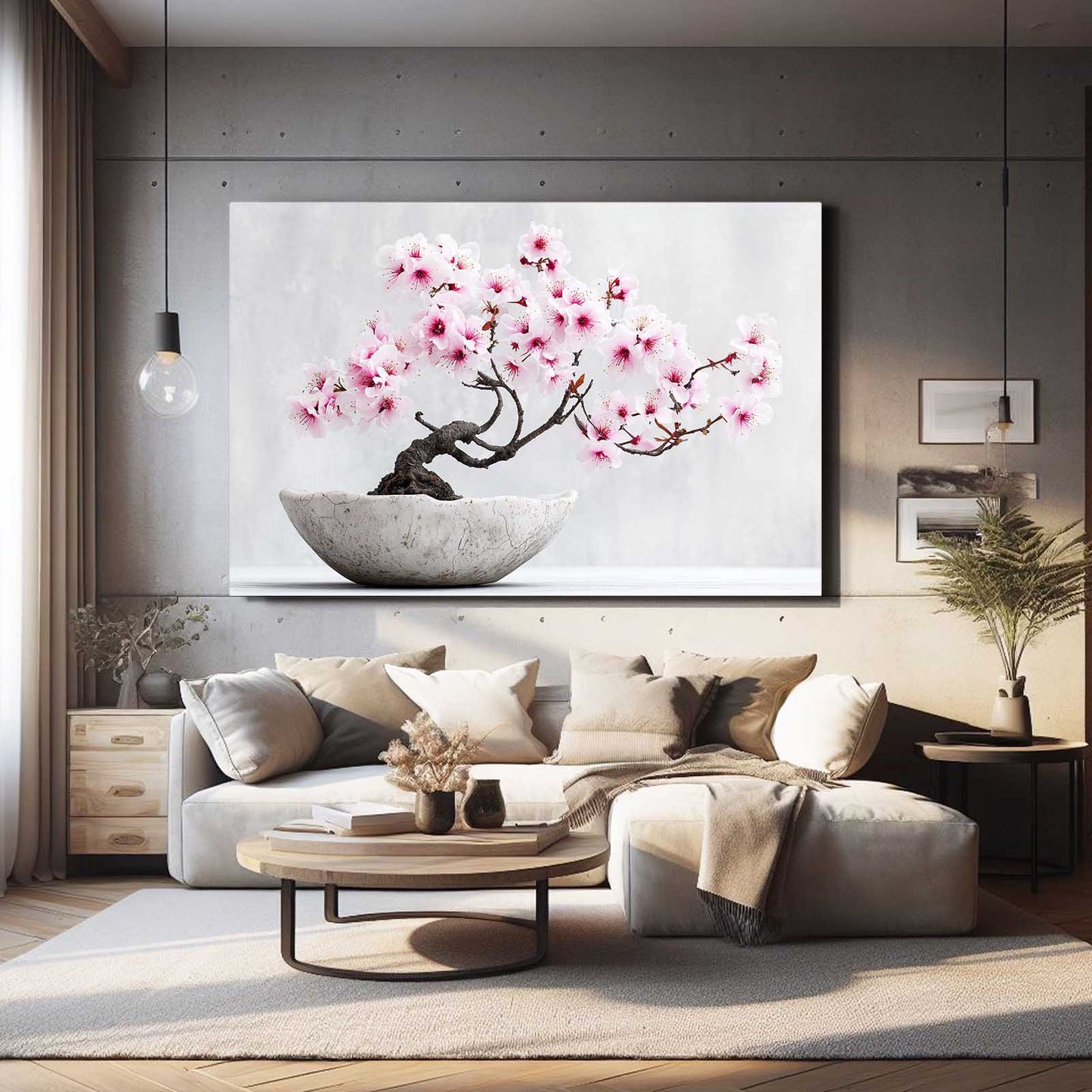 Bonsai In Bowl Cherry Blossom Wall Decor – styled in a furnished interior