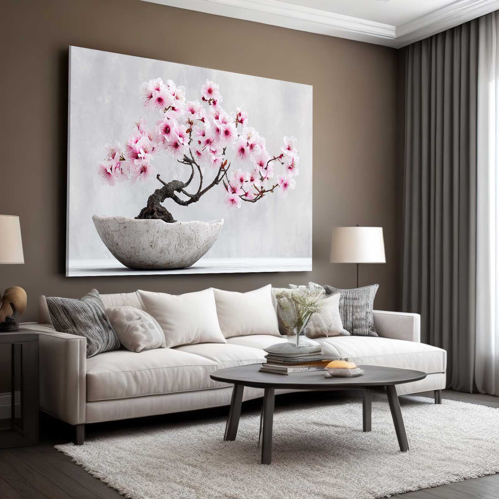 Bonsai In Bowl Cherry Blossom Wall Decor – styled in a furnished interior